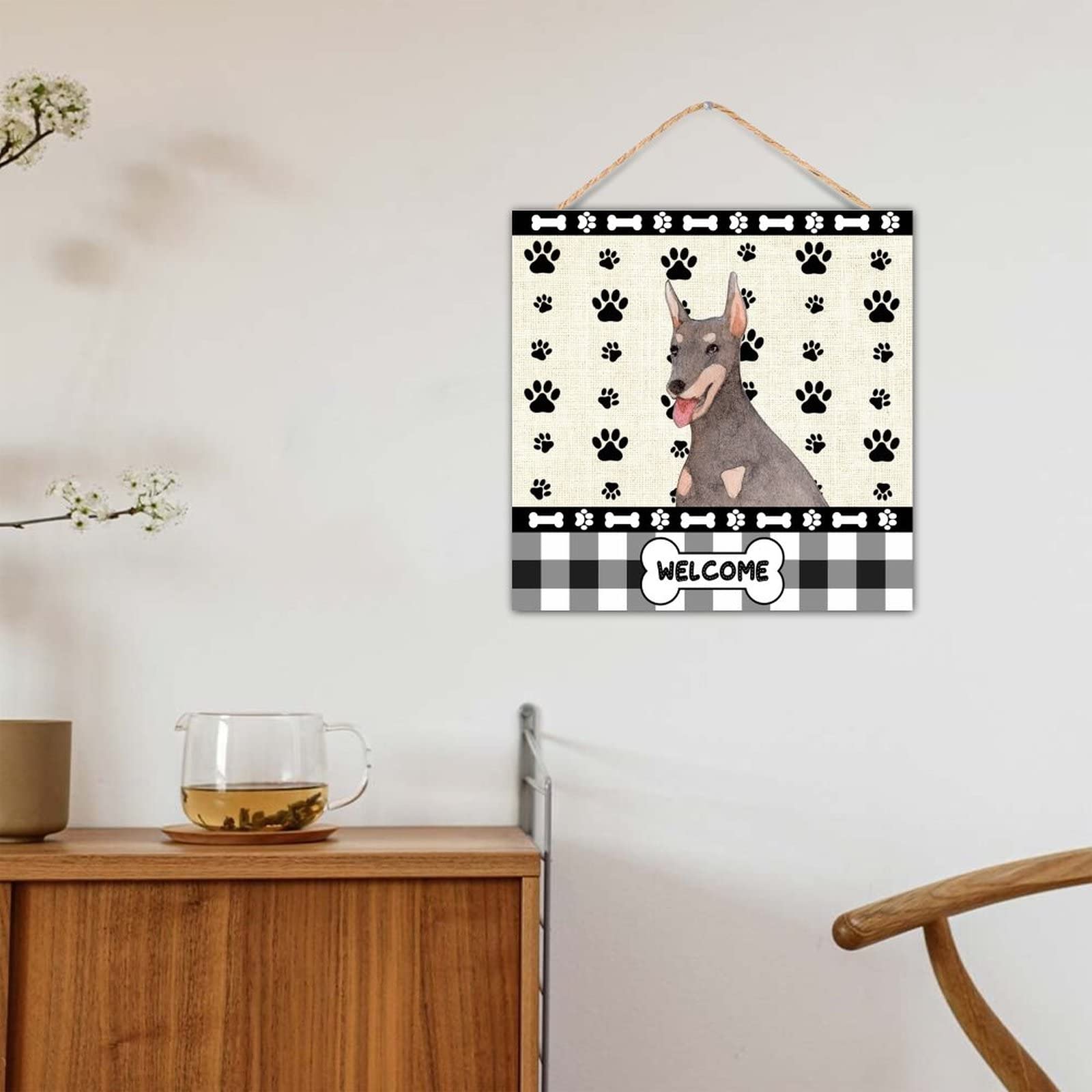 8x8 Inch Rustic Wooden Welcome Sign with Doberman Dog Paw Design - Farmhouse Wall Art Plaque for Door, Kitchen, Dining Room - Handcrafted Home Decor for Pet Lovers & Country Style Interiors (Perfect for Housewarming Gifts & Farmhouse Themed Spaces)