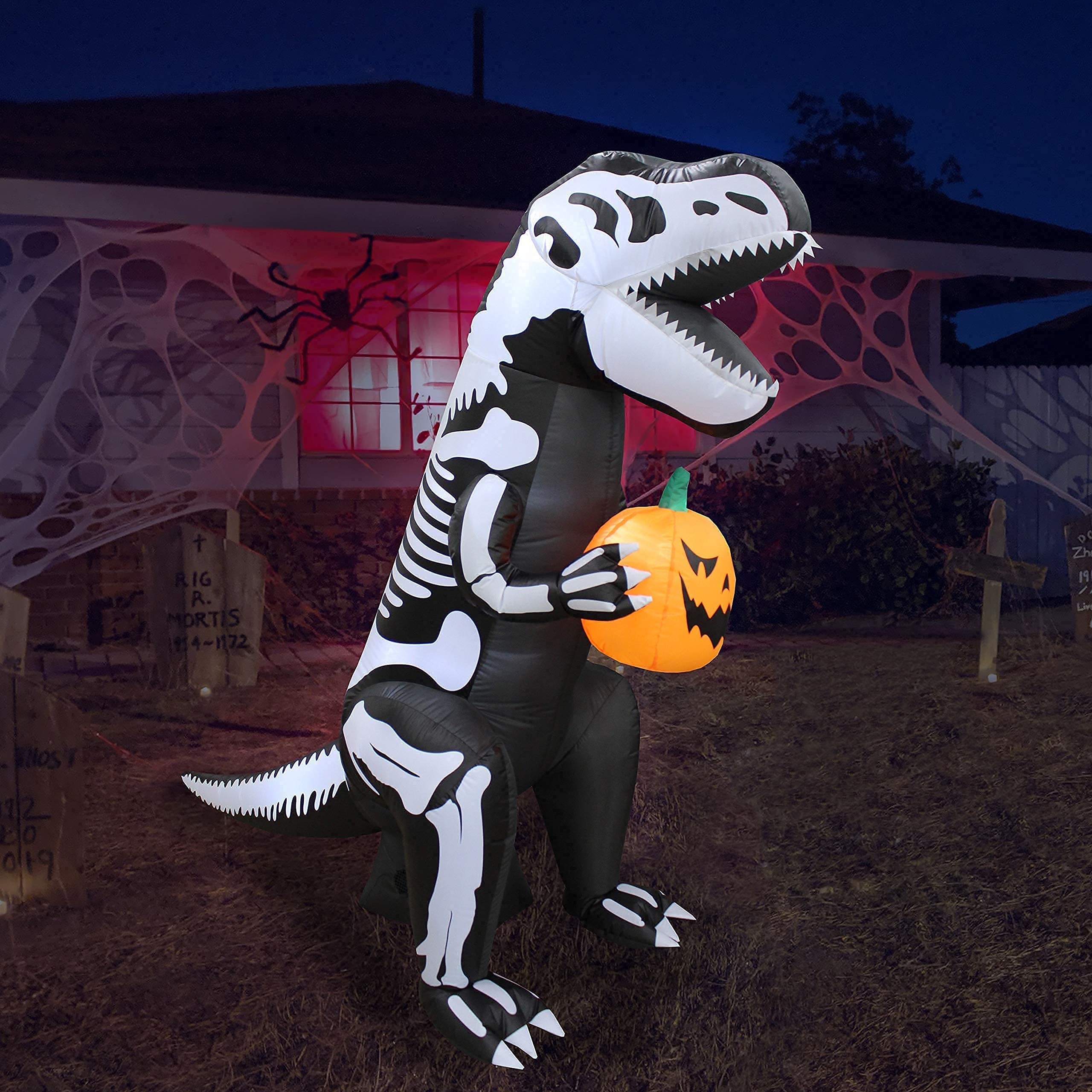 Halloween Party Decorations Bundle - 11ft Giant Animated Inflatable Black Cat & 6ft Inflatable Skeleton T-Rex Dinosaur with Light-Up Pumpkin | Outdoor Yard Decor for Halloween Night, Haunted House, and Spooky Party Themes