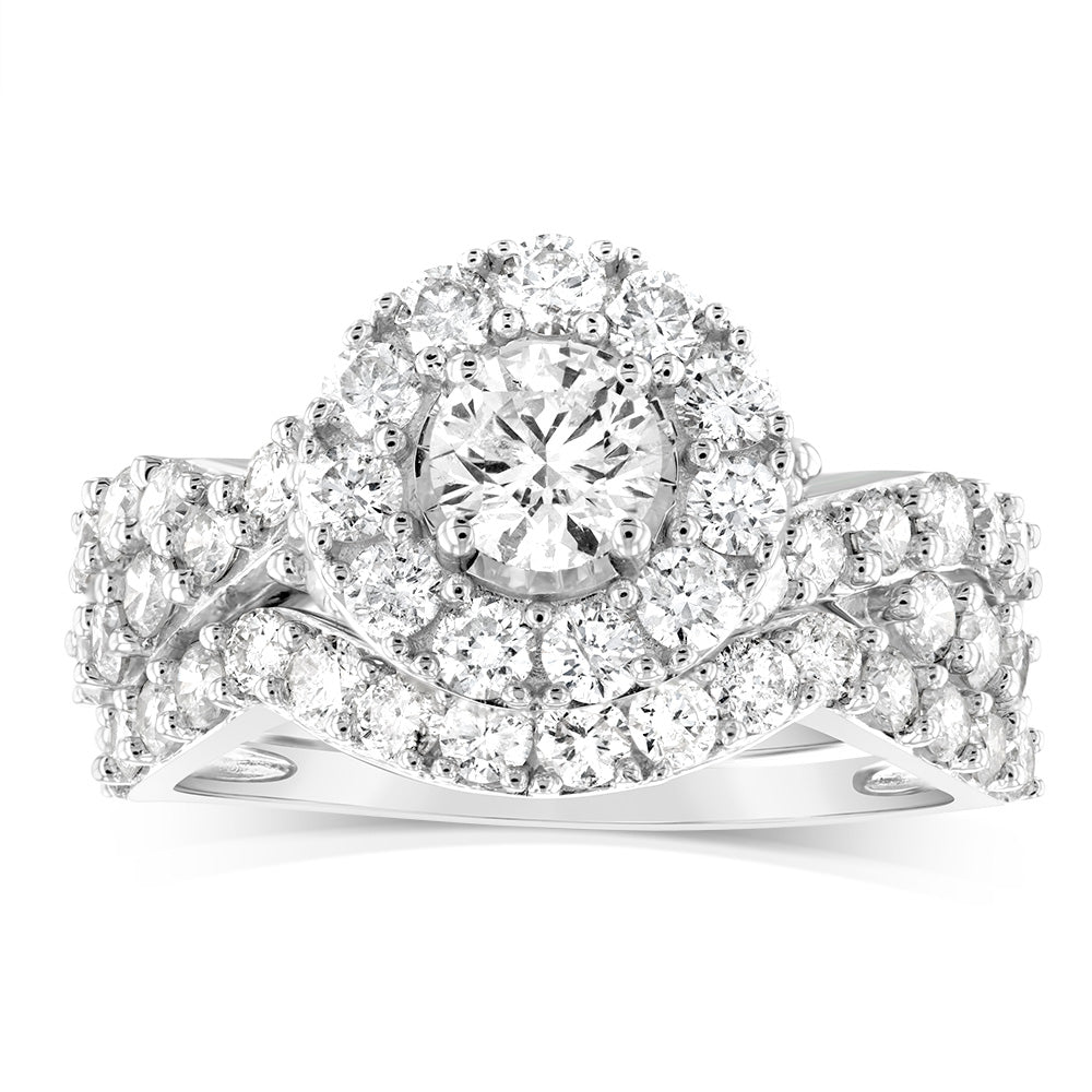 14K White Gold 1.95 Carat Diamond Halo Bridal Ring Set - Brilliant Cut Diamond Engagement & Wedding Rings for Women - Perfect for Proposals, Anniversaries and Special Occasions