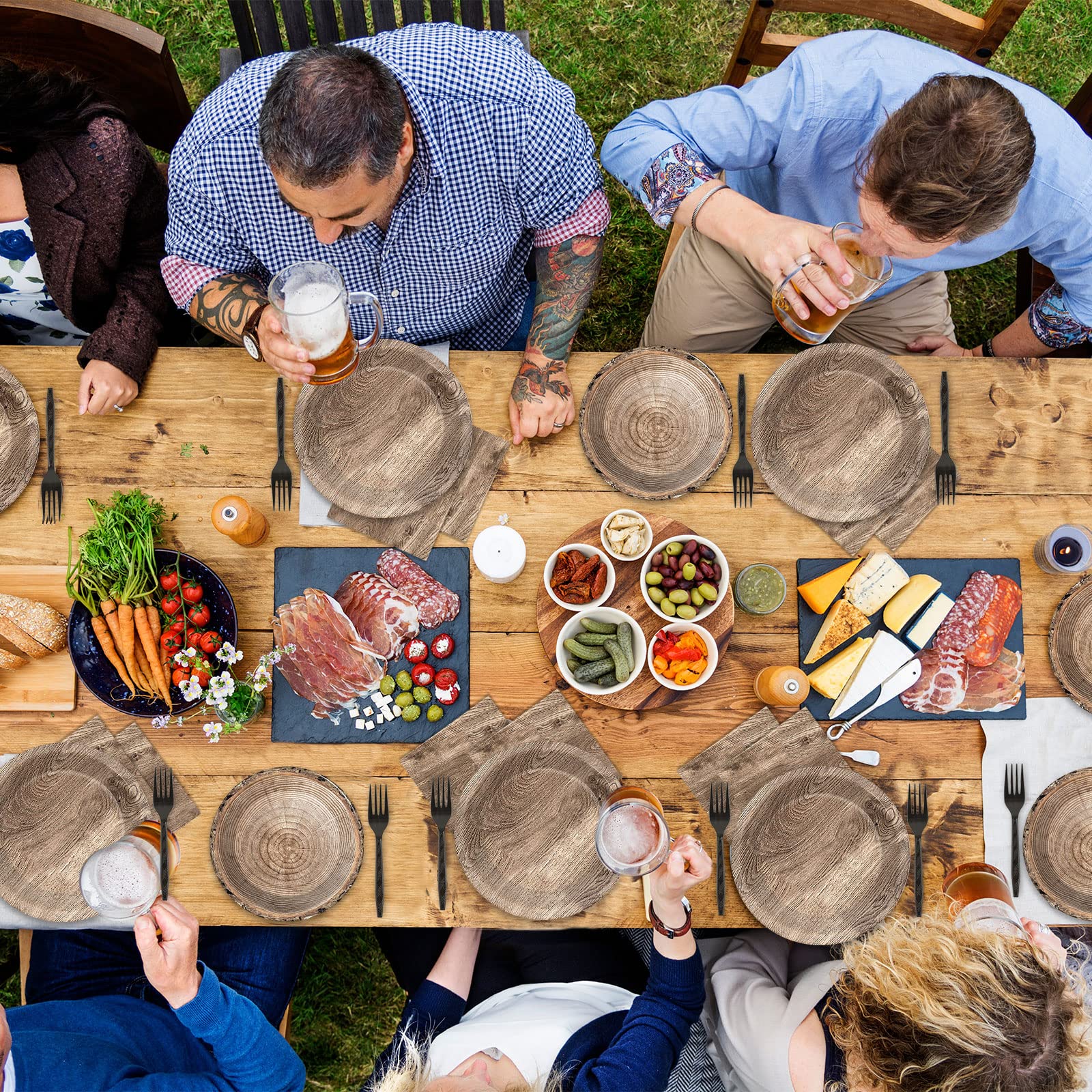 96-Piece Rustic Wooden Tree Party Tableware Set - Lumberjack & Camping Theme Disposable Plates, Napkins, Forks for 24 Guests - Perfect for Outdoor Weddings, Hunting Parties & Cabin Decorations