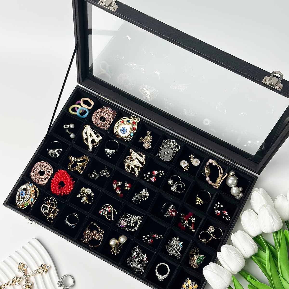 40 Grid Clear Lid Jewelry Organizer Box with Transparent Glass Top & Velvet Lining - Earring, Ring, Necklace Storage with Removable Dividers - Perfect for Dresser, Vanity, Travel & Gift Giving