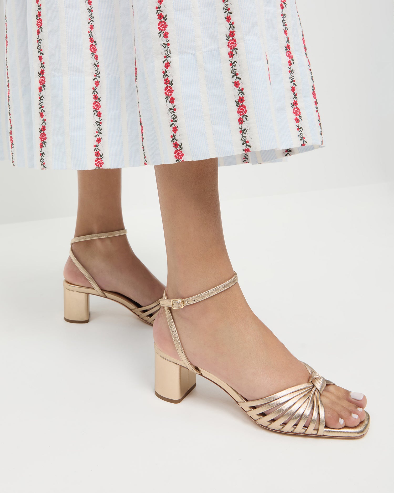 Olivia Champagne Knot Mid Heel Sandals - Women's Elegant Party Shoes for Weddings, Cocktails & Special Occasions