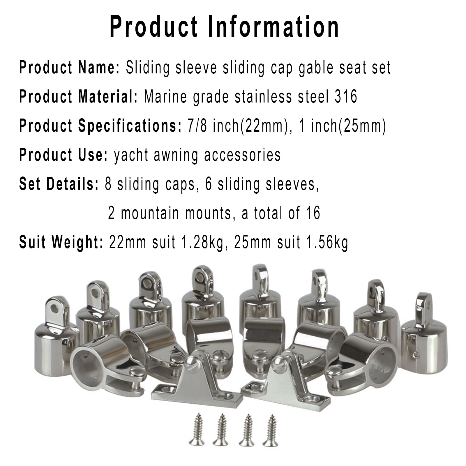 16-Piece 316 Stainless Steel Marine Deck Hardware Set - Bimini Top Cap Fittings & Boat Jaw Slides for Sailboats, Yachts, and Marine Applications | Corrosion-Resistant Boat Accessories