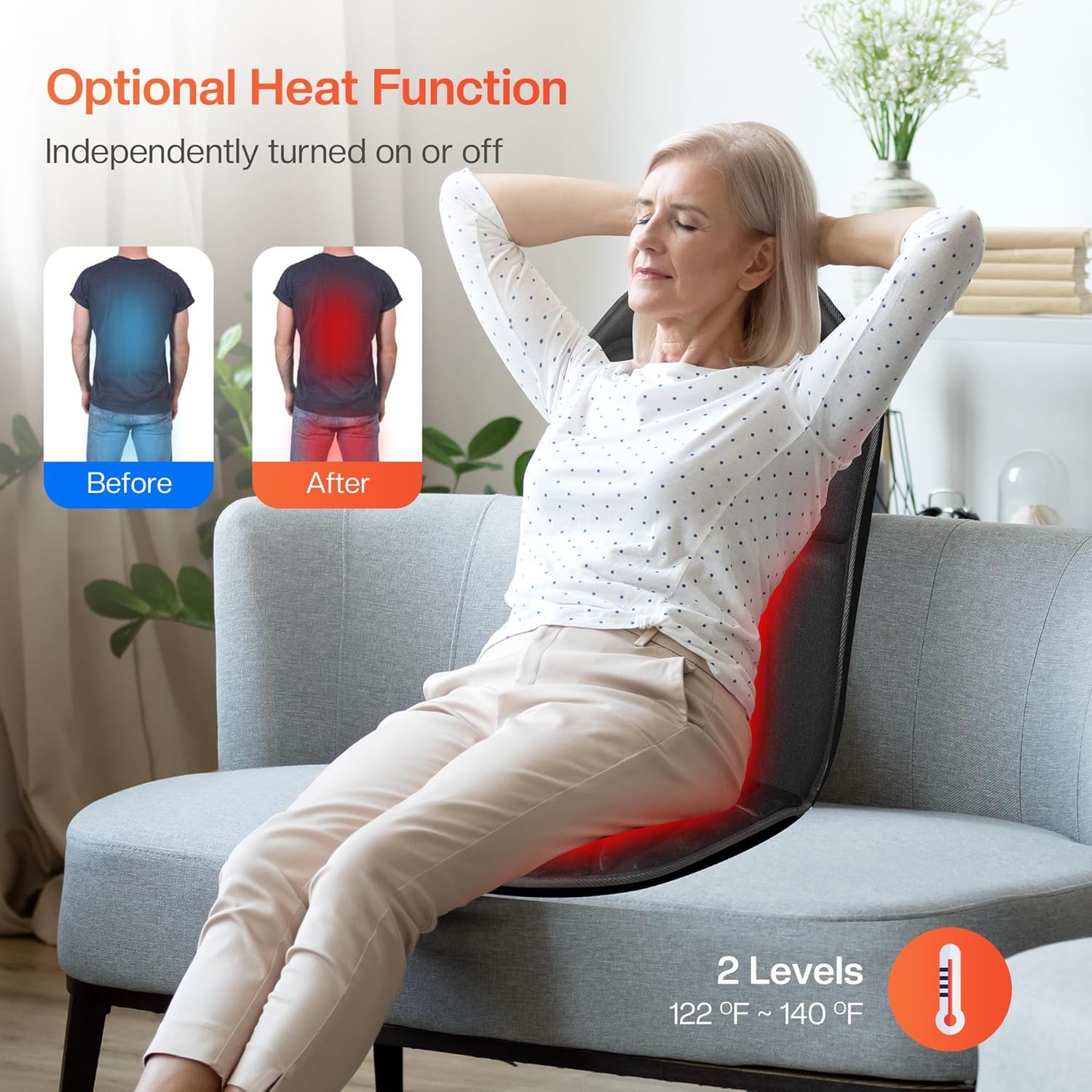 Electric Back Massager Chair Pad with Heat - 4 Vibration Intensities & 2 Heat Levels for Pain Relief - Shiatsu Massage Seat Cushion for Home & Office Use - Perfect Gift for Men & Women