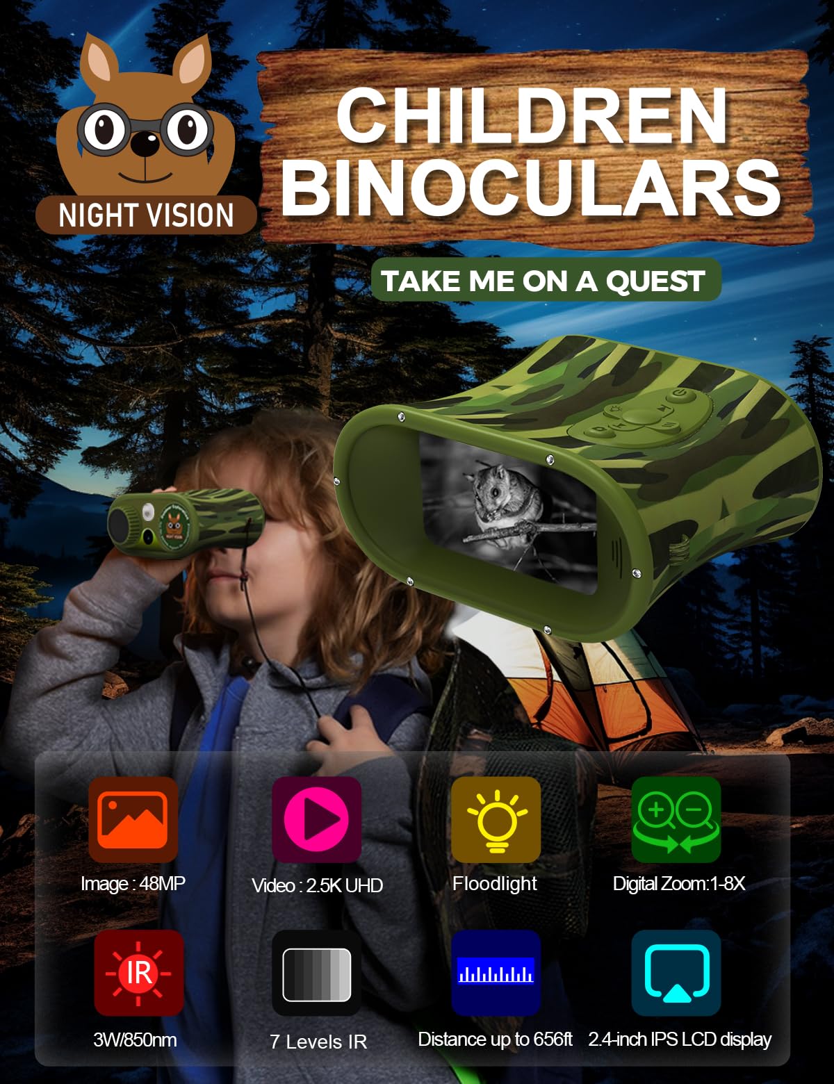 **2.5K UHD Night Vision Binoculars for Kids - Christmas & Birthday Gifts for Boys & Girls, Kids Camera with Flashlight & 32GB TF Card - Perfect for Outdoor Adventures, Camping, and Wildlife Exploration**