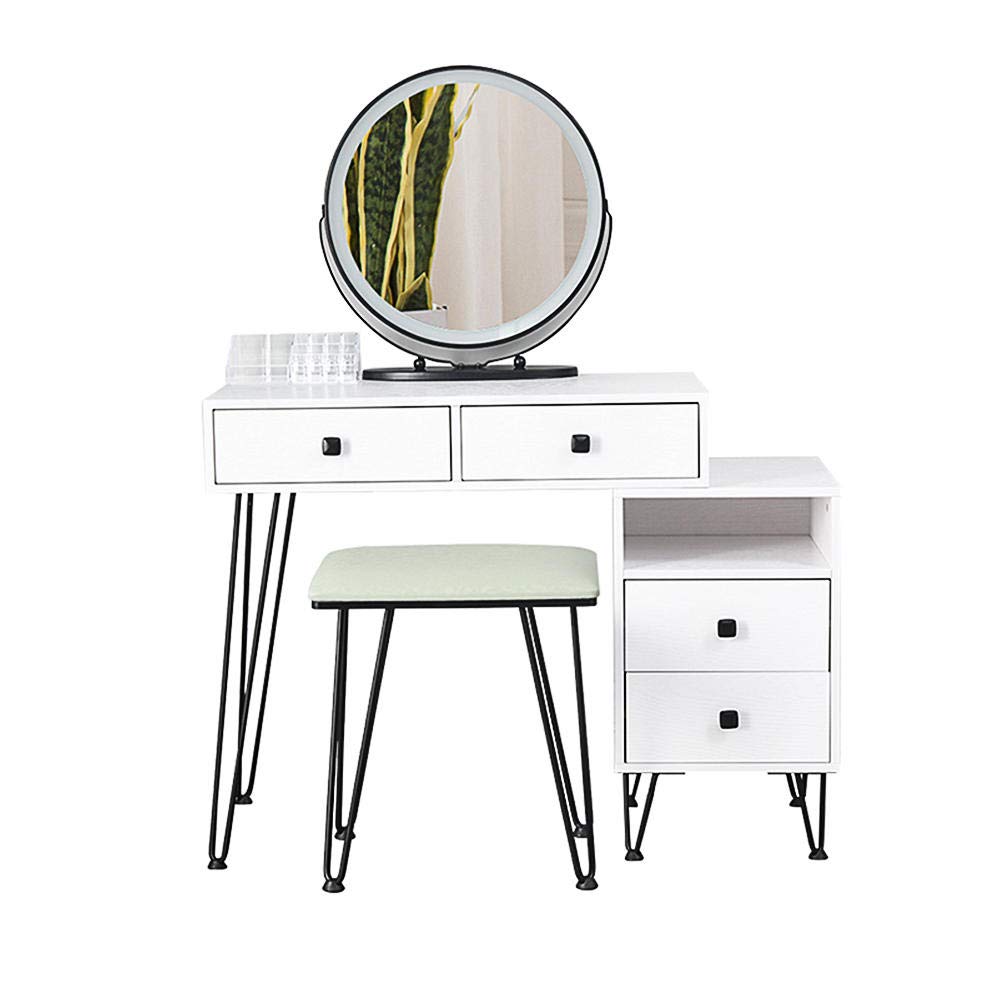Modern Vanity Mirror with LED Lights & Makeup Table Set - 3-Color Adjustable Lighting, Solid Wood Dresser with Storage Cabinet - Perfect for Bedroom, Dressing Room & Makeup Studio (White)