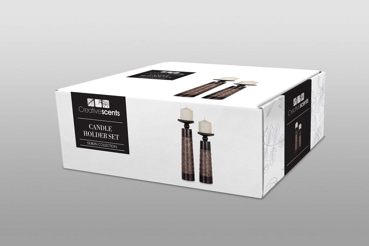 Creative Scents Dublin Brown Pillar Candle Holder Set of 2 - Elegant Home Decor for Coffee Table, Mantel & Dining Room - Perfect Centerpiece Gift Set for Cozy Living Spaces & Romantic Ambiance