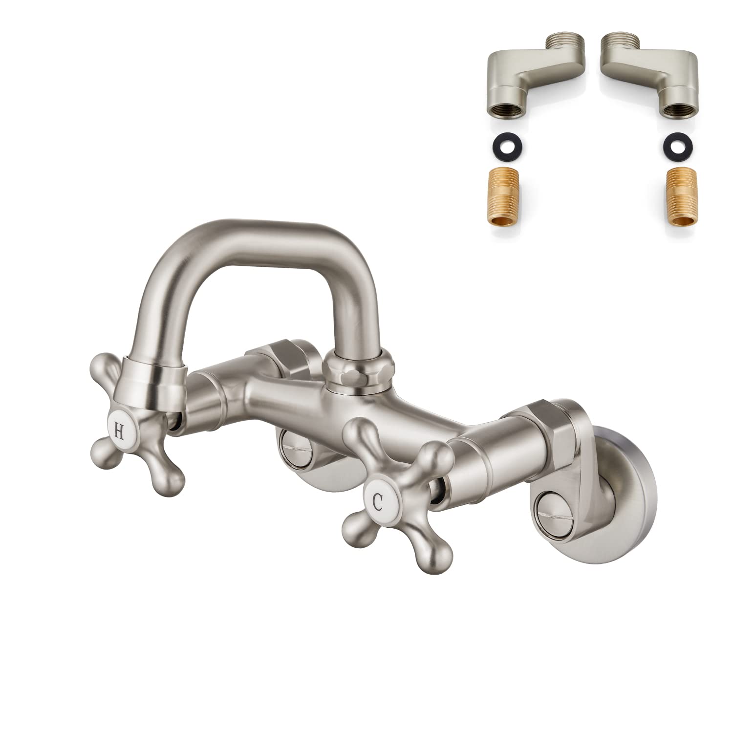 Brushed Nickel Wall Mount Kitchen Faucet - 4 Inch (10cm) Spout Reach, Adjustable Center Double Cross Handles, 360° Rotatable - Perfect for Laundry Sinks, Restaurants & Commercial Use