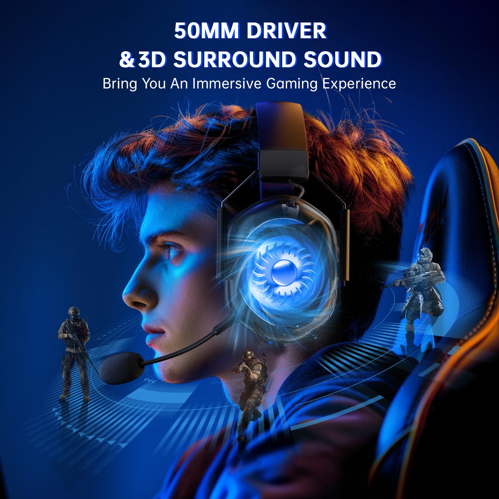RYR Wireless Gaming Headset for Xbox Series X|S, Xbox One, PC, PS4, PS5, Mac, Nintendo Switch - Bluetooth 5.2, Surround Sound, 60H Battery Life, Detachable Noise Cancelling Mic - Black | Perfect for Competitive Gaming, Streaming & Online Chat