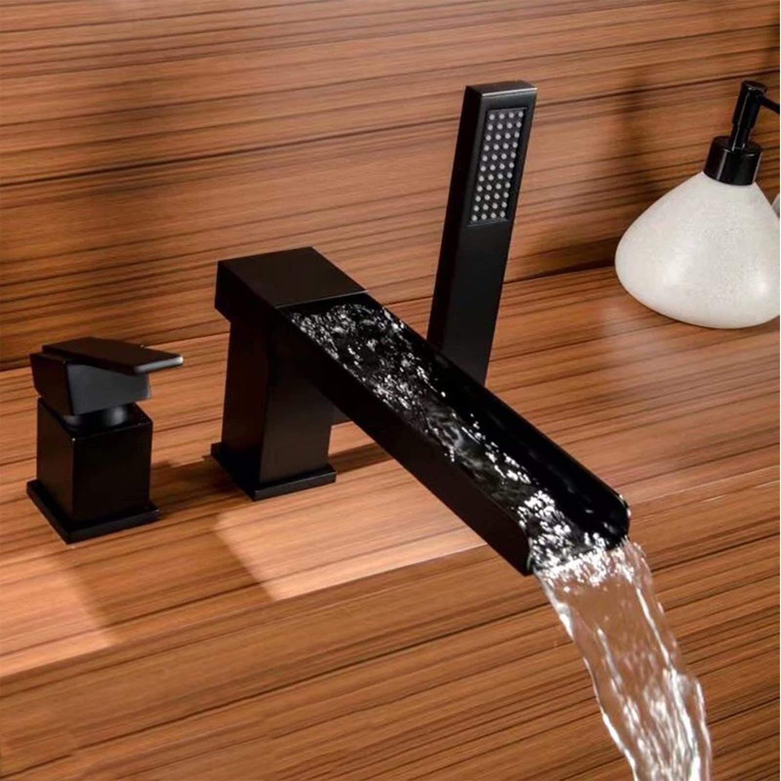 180° Rotating Brass Bathtub Faucet with Hand Shower - Adjustable Hot/Cold Waterfall Tub Mixer Tap, Single Handle Black Tub Filler for Modern Bathroom & Spa Relaxation