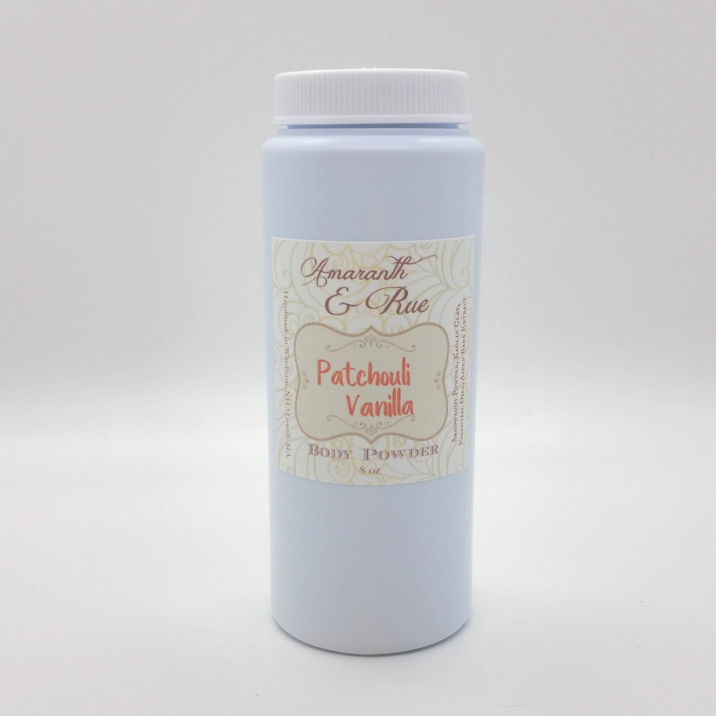Natural Patchouli Vanilla Body Powder 8 oz by Amaranth & Rue - Organic Talc-Free Dusting Powder for Women & Men, Perfect for Post-Shower, Yoga, and Summer Comfort