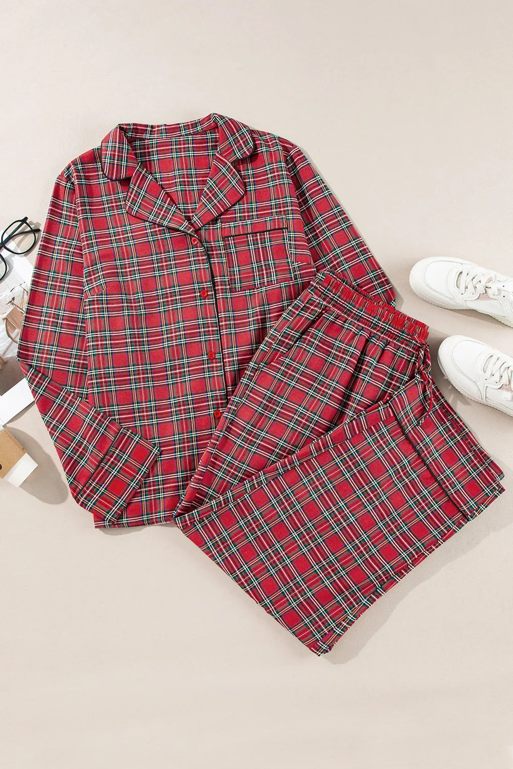 Plus Size Plaid Collared Neck Top and Pants Lounge Set - Comfortable Women's Loungewear for Home, Travel & Relaxation