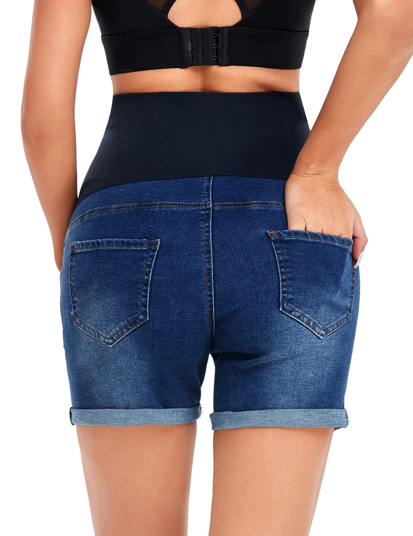 HOFISH Women's Maternity Jeans Shorts - Over The Belly Stretchy Denim Shorts for Pregnancy - Comfortable Casual & Workout Maternity Wear - Perfect for Daily Use, Office, and Outdoor Activities