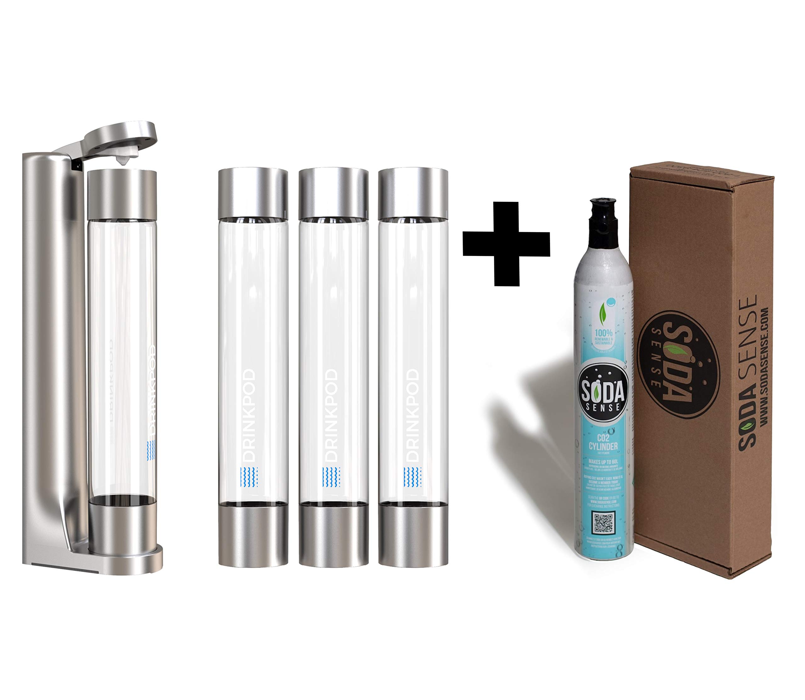 Fizzpod Soda Maker Machine for Home Use - Make Sparkling Water, Juice, Coffee, Tea & Cocktails | Includes 3 PET Bottles, 3 Caps & Carbonator Cap | Perfect for Healthy Drinks, Parties & Home Bars (Silver + CO2)
