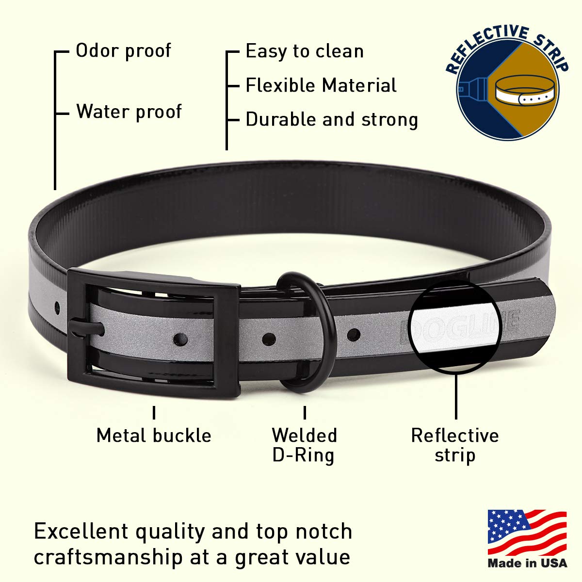 Premium Biothane Reflective Dog Collar - Waterproof, Odor-Proof & Easy-Clean - Strong Coated Nylon Webbing with Durable Black Hardware - Adjustable 22