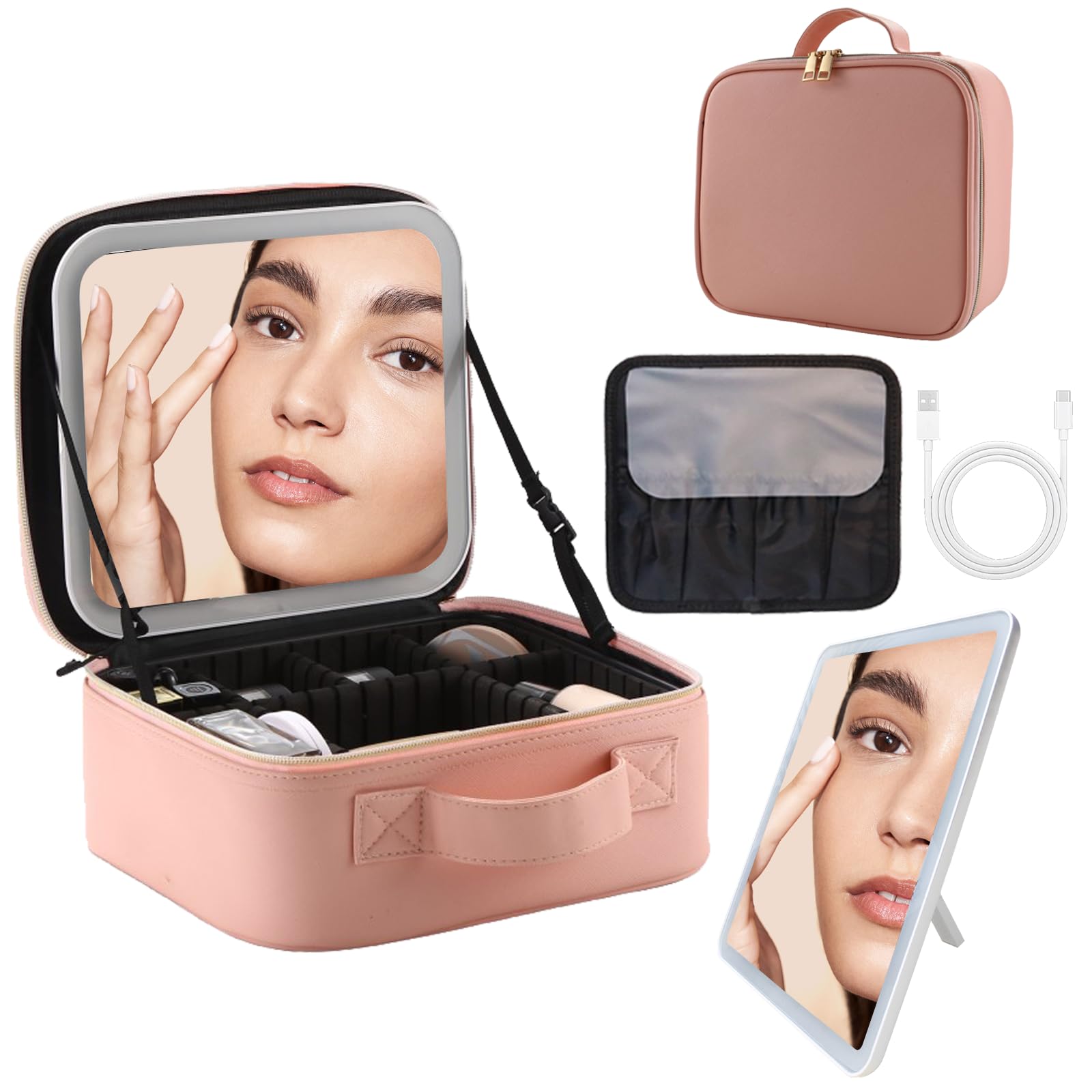 LED Lighted Travel Makeup Bag with Mirror - Pink | Portable Cosmetic Organizer for Travel & Home Use