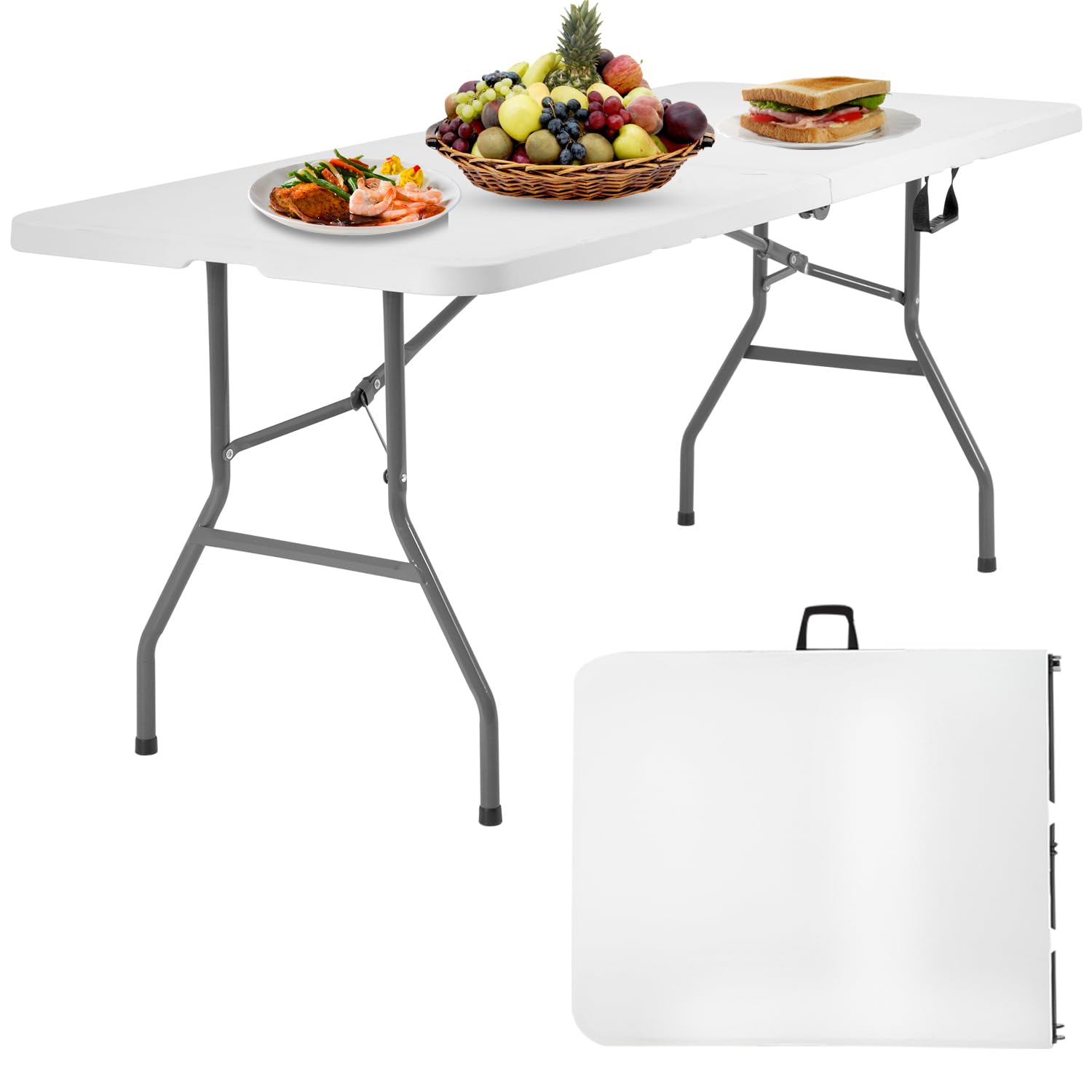 6 Foot Folding Table - Heavy Duty Portable Camping Table for Indoor & Outdoor Use - Multipurpose Utility Dining Table with Fold-in-Half Design - Perfect for Picnics, Parties, BBQs, Tailgating and Camping Trips - White