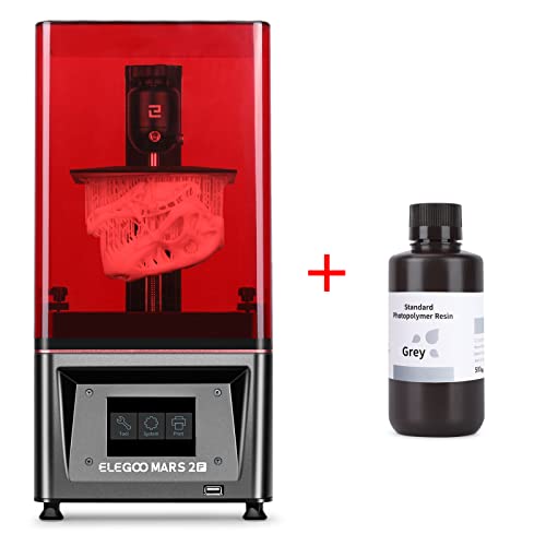 ELEGOO Mars 2 Pro Mono MSLA 3D Printer with LCD Screen & 1000g Standard Grey Resin - High Precision UV Photocuring for Miniatures, Jewelry, and DIY Crafts