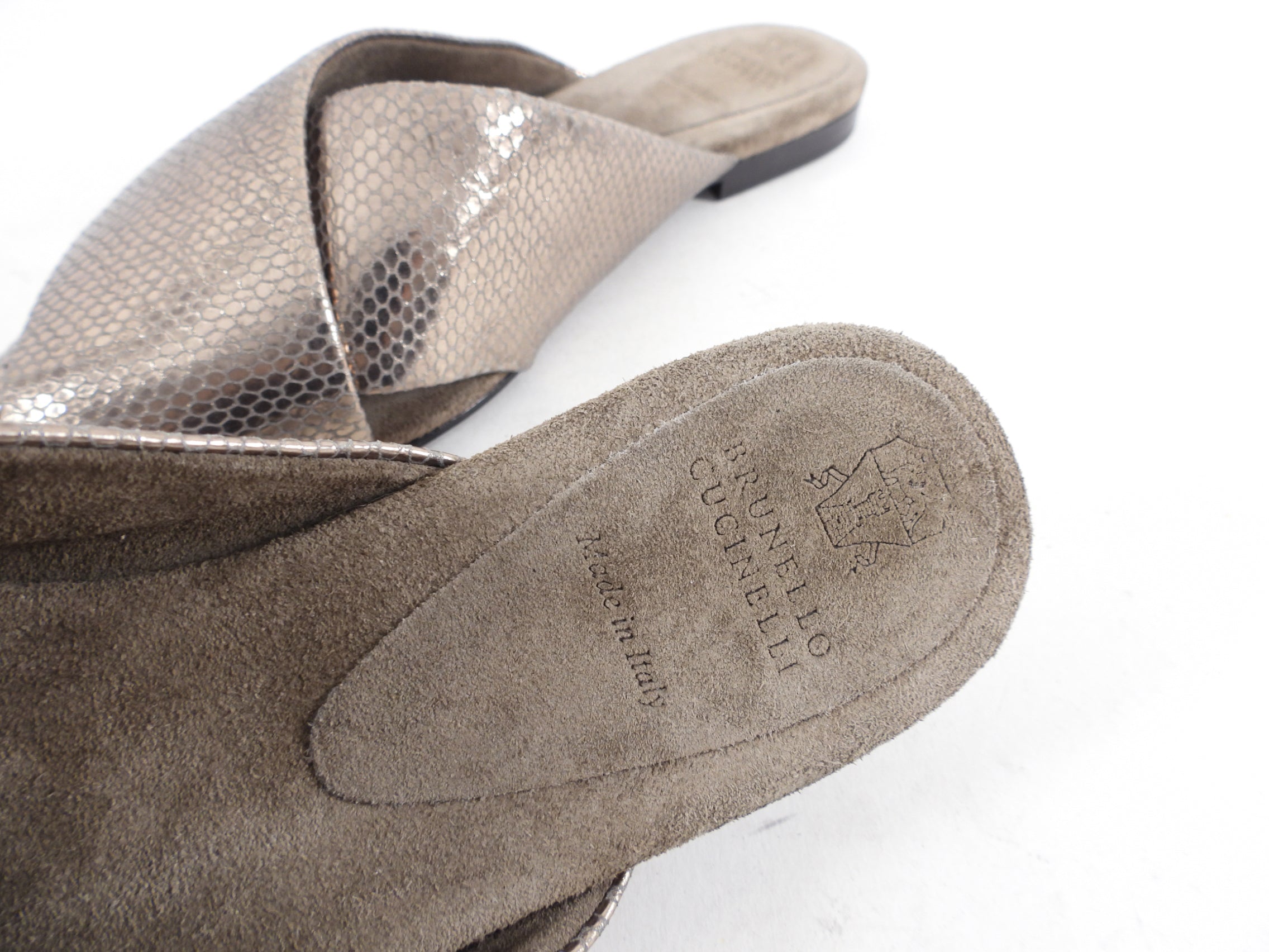 Brunello Cucinelli Pewter Metallic Leather Flat Slides - Women's Size 38.5 / 8 | Luxury Comfortable Slip-On Sandals for Casual Wear & Summer Outfits