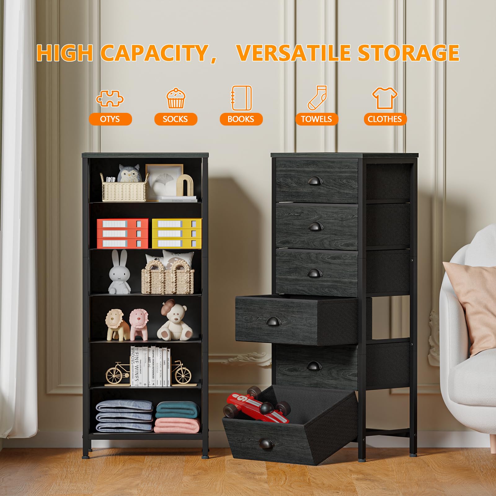 Furnulem 6-Drawer Tall Dresser & Vertical Nightstand - Black Storage Tower with Fabric Drawer Organizers for Bedroom, Living Room, Closet & Hallway | Perfect for Dorm, Apartment & Home Organization
