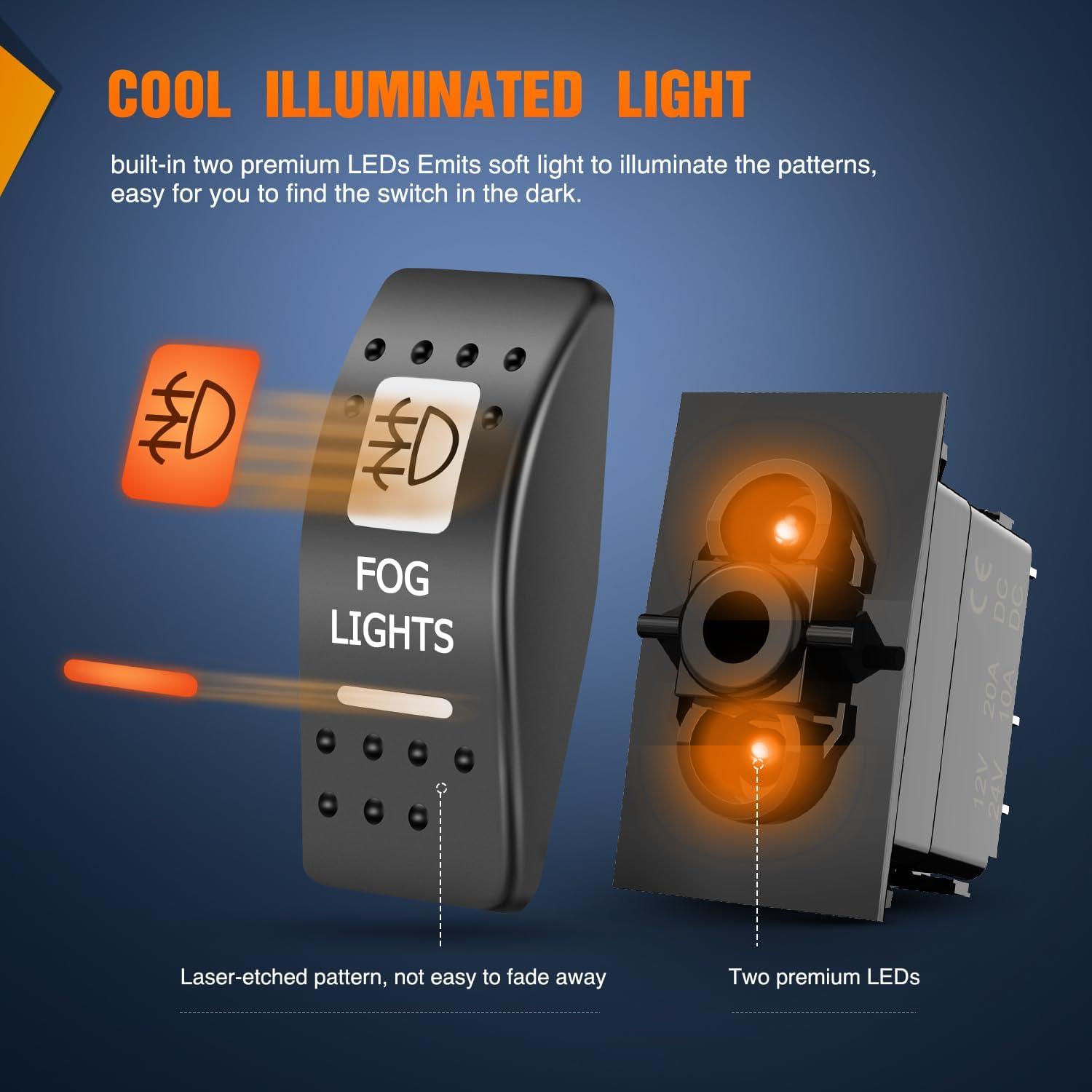5Pin SPST On/Off UTV Fog Lights Rocker Switch with Orange Backlit - Waterproof Toggle Switch for Off-Road Vehicles, ATV, Boat & Marine Use