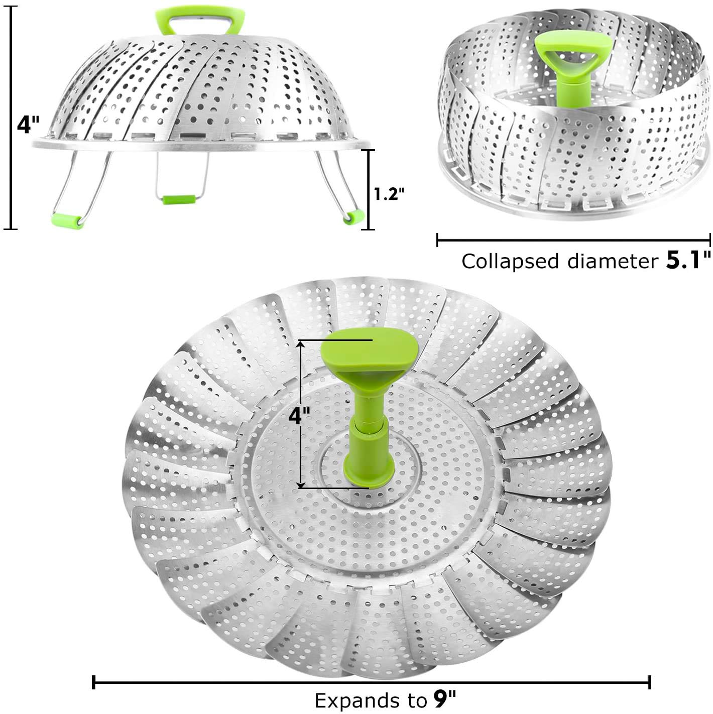 Stainless Steel Vegetable Steamer Basket - Expandable Folding Steamer Insert for Cooking Veggies, Fish & Seafood - Fits 5.1