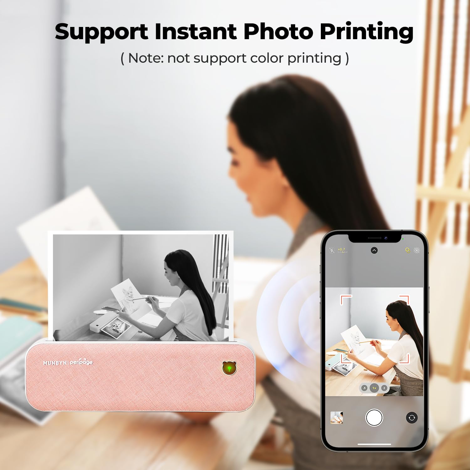MUNBYN ITP01 Portable Bluetooth Thermal Printer - Wireless Inkless Printer for Travel & Office, Compatible with Android, iOS & Laptop, Prints 8.5x11 US Letter & A4 Paper (Pink) - Perfect for Receipts, Labels, Tickets & Travel Documents
