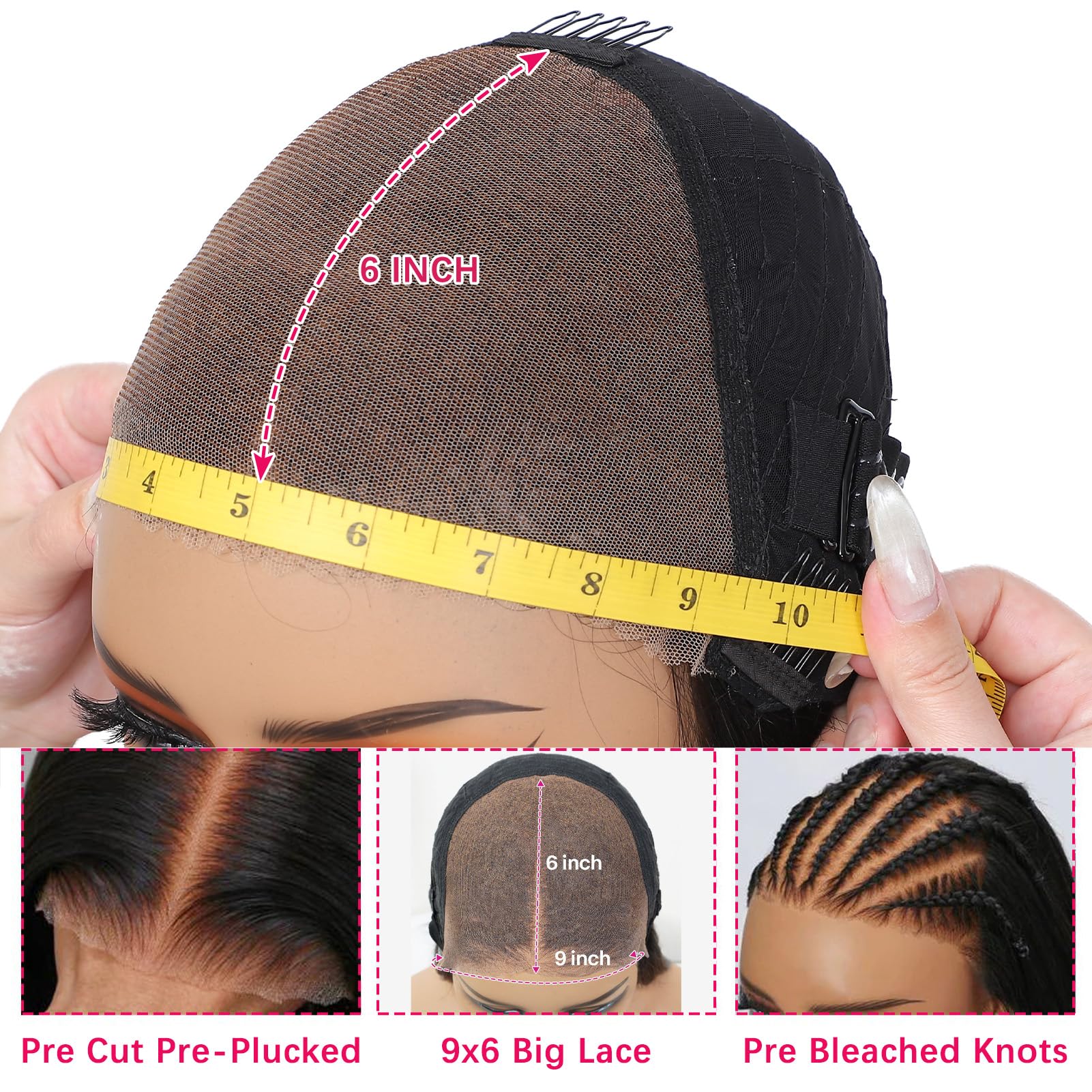 9x6 Glueless Wear and Go Human Hair Wig - Pre Plucked, Pre Cut Straight Lace Front with Bleached Knots | 200% Density Brazilian Virgin Hair | 22 Inch | Perfect for Daily Wear, Parties & Special Occasions