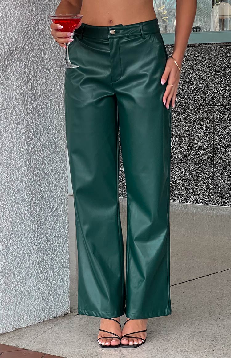 Stylish Forest Green PU Leather Pants for Women - Trendy High Waist Vegan Leather Trousers for Casual Outfits & Night Out