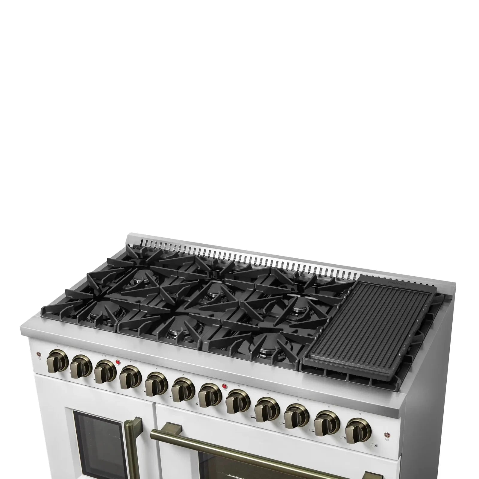 Forno Galiano 48-Inch French Door Dual Fuel Range with 8 Burners & Electric Convection Oven - White Antique Brass Trim (Model FFSGS6356 48WHT) | Perfect for Gourmet Kitchens & Professional Chefs