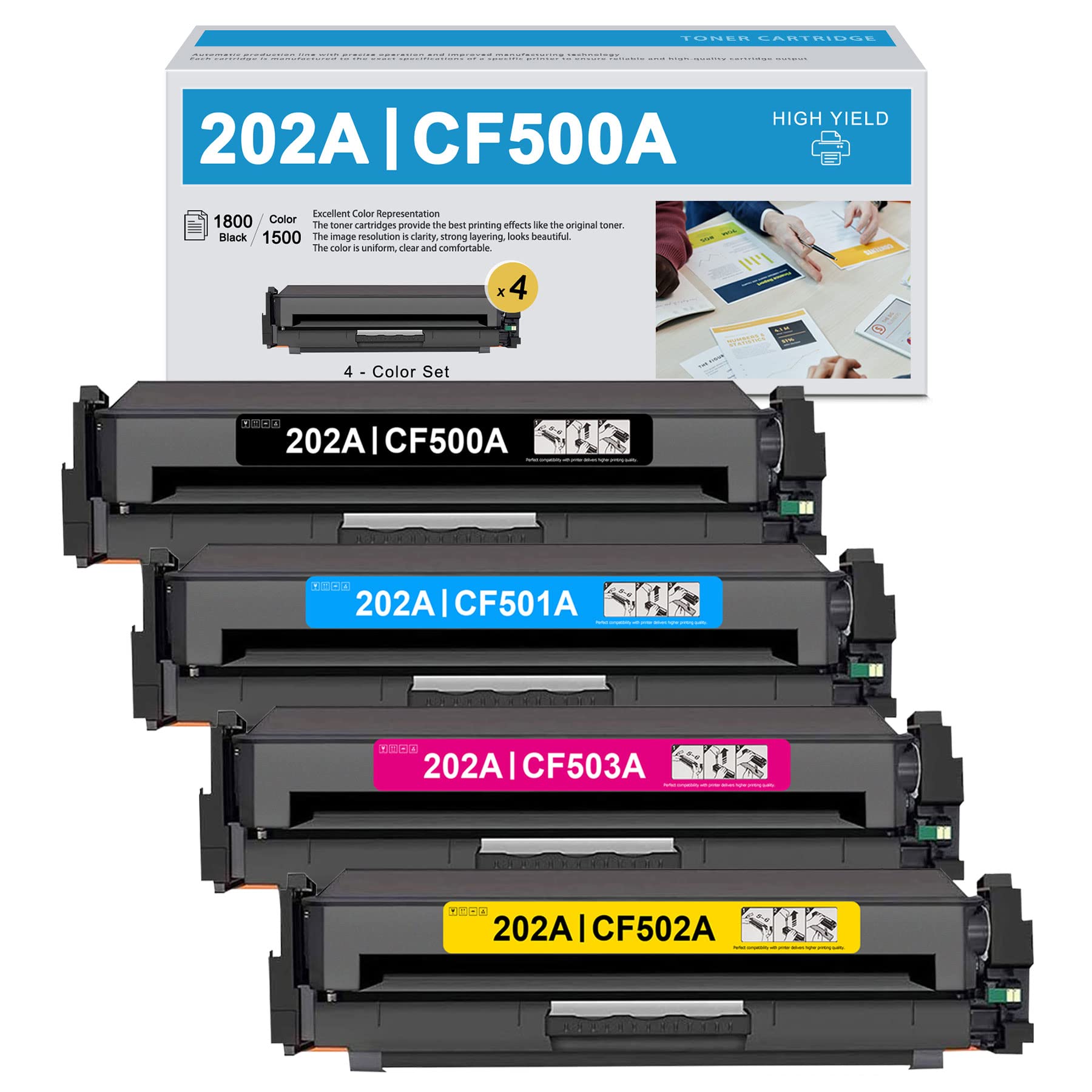 4-Pack (1BK/1C/1M/1Y) DOPHEN Compatible 202A CF500A CF501A CF502A CF503A Toner Cartridge Replacement for HP Color Pro MFP M280nw M281fdn M281fdw M281cdw M254dw M254dn Printers - High-Quality Printing for Home & Office Documents