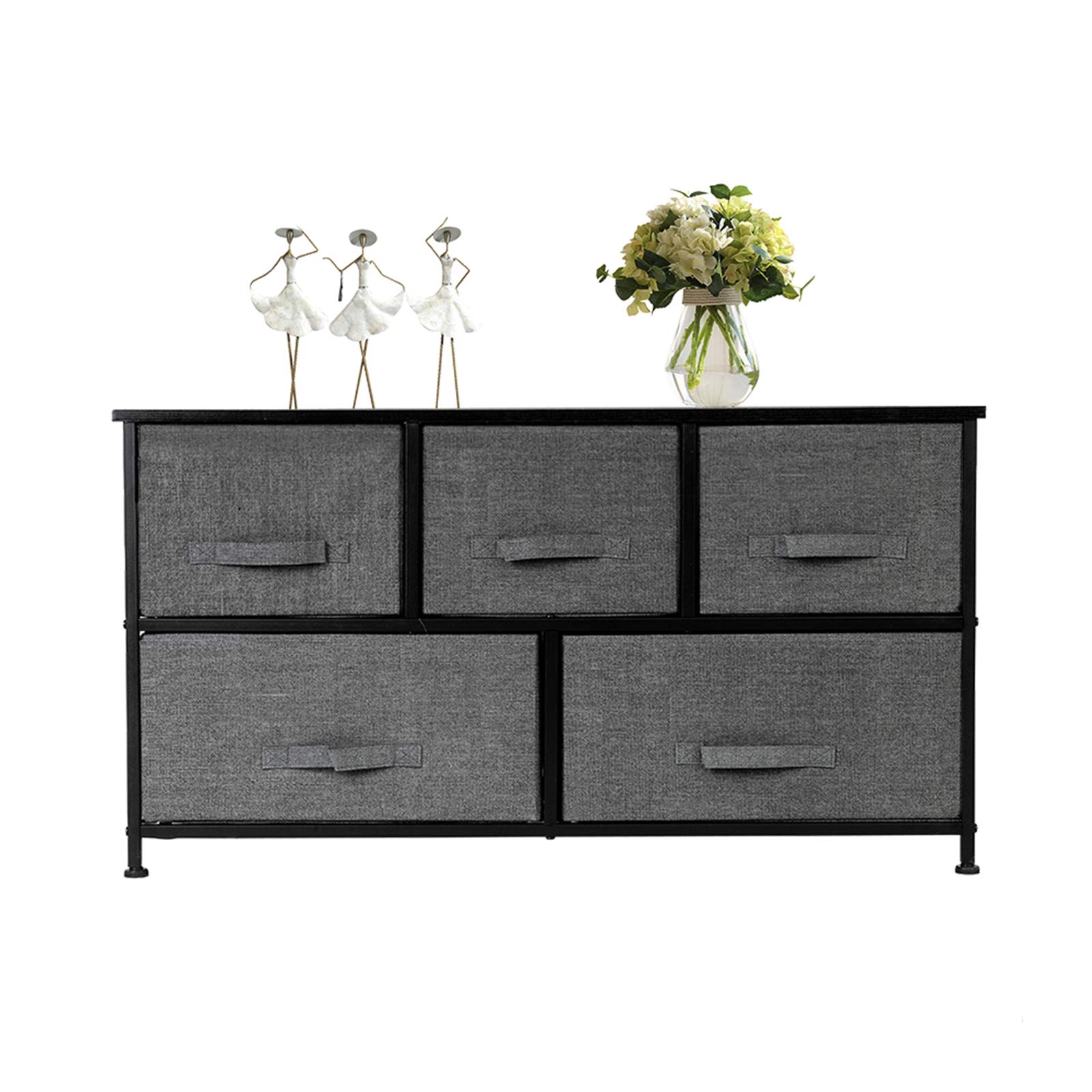 2-Tier Storage Organizer with 5 Drawers - Steel Frame & Wood Top Dresser with Easy Pull Fabric Bins - Space Saving Storage Tower for Bedroom, Closet & Office Organization - Perfect for Clothes, Toys & Home Essentials (Grey)
