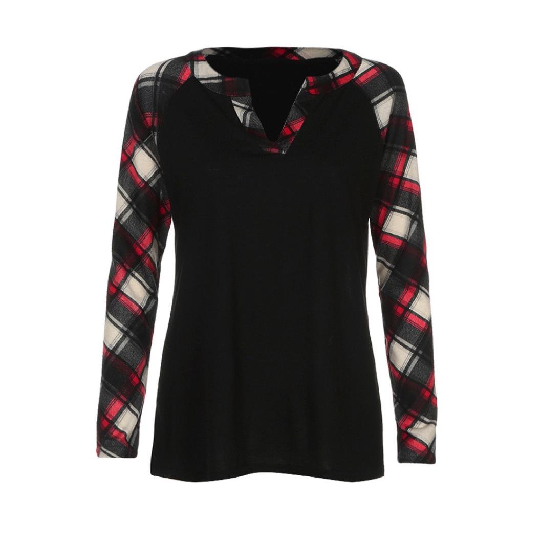 Women's Fashion V-Neck Plaid Long Sleeve Blouse - Loose Fit Patchwork Tunic Top for Casual Wear & Office Outfits | Clearance Sale