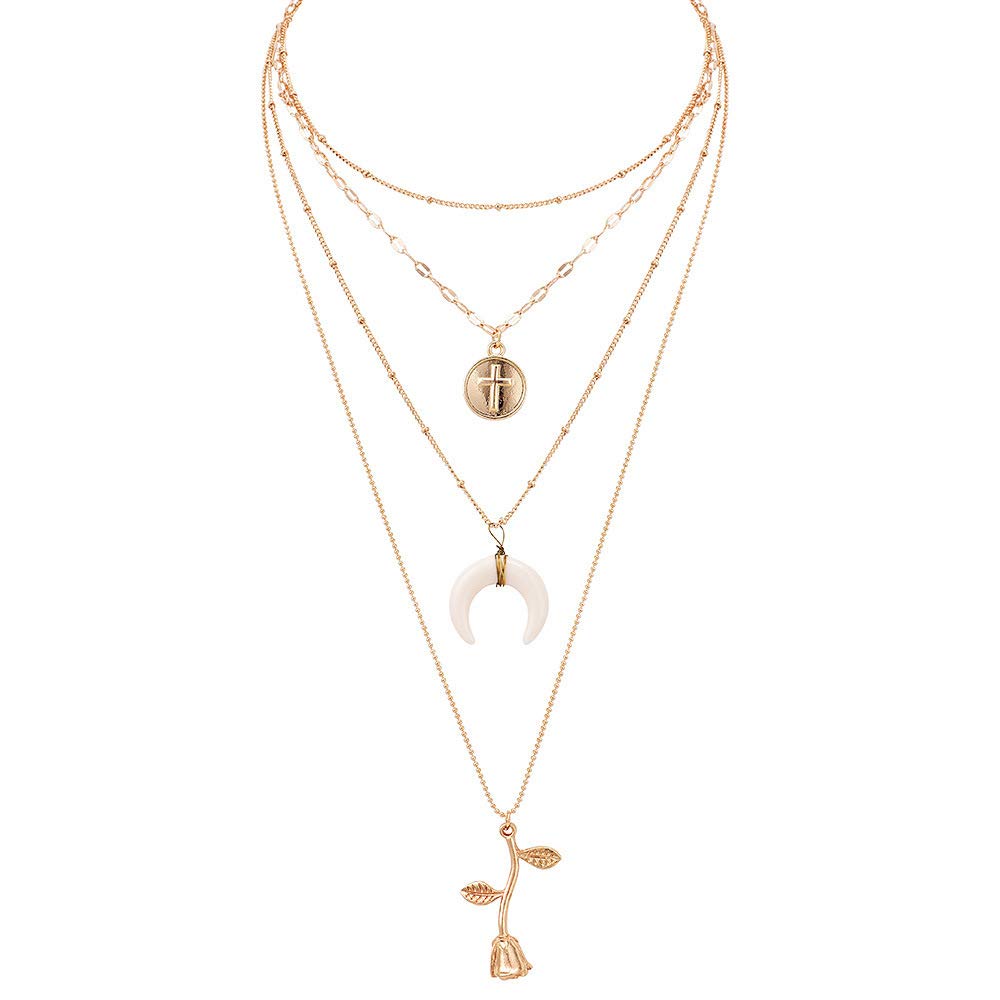 Bohemian Vintage Moon Rose Cross Pendant Necklace - Layered Chain Jewelry for Women | Perfect for Casual Wear, Parties & Boho Fashion