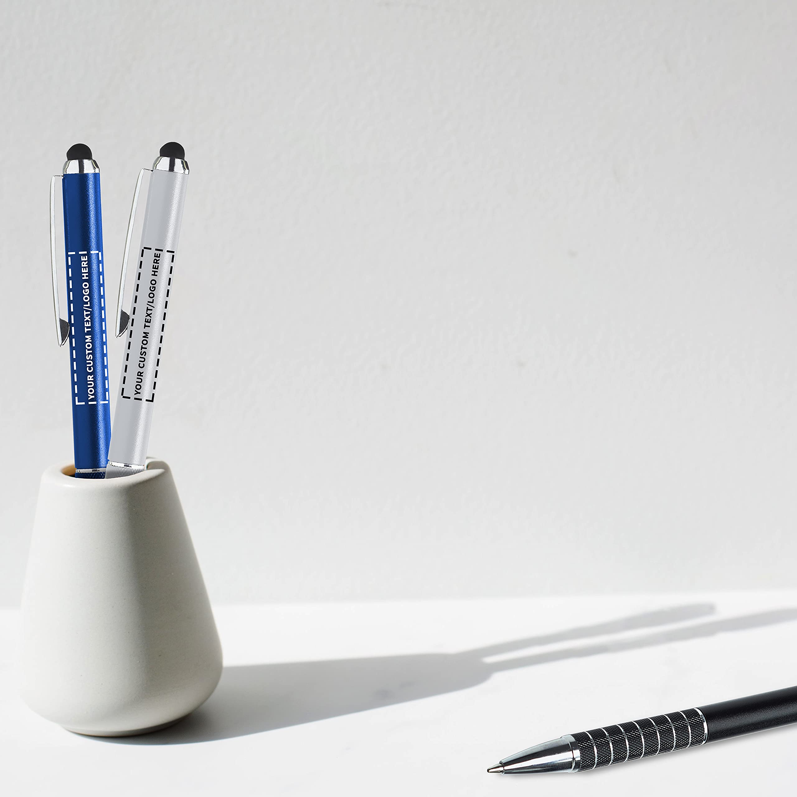 100 Pack Twist Action Metal Stylus Pens with Custom Text/Logo - Dual Tip Smooth Writing Black & Blue Ink - Perfect for Tablets, Smartphones, Office Use & Bulk Business Promotions