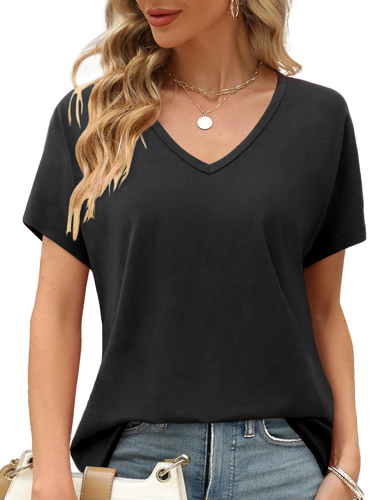 Amoretu Women's Short Sleeve V-Neck T-Shirt - Summer Casual Loose Fit Top for Everyday Wear | Perfect for Work, Weekend Outings & Travel