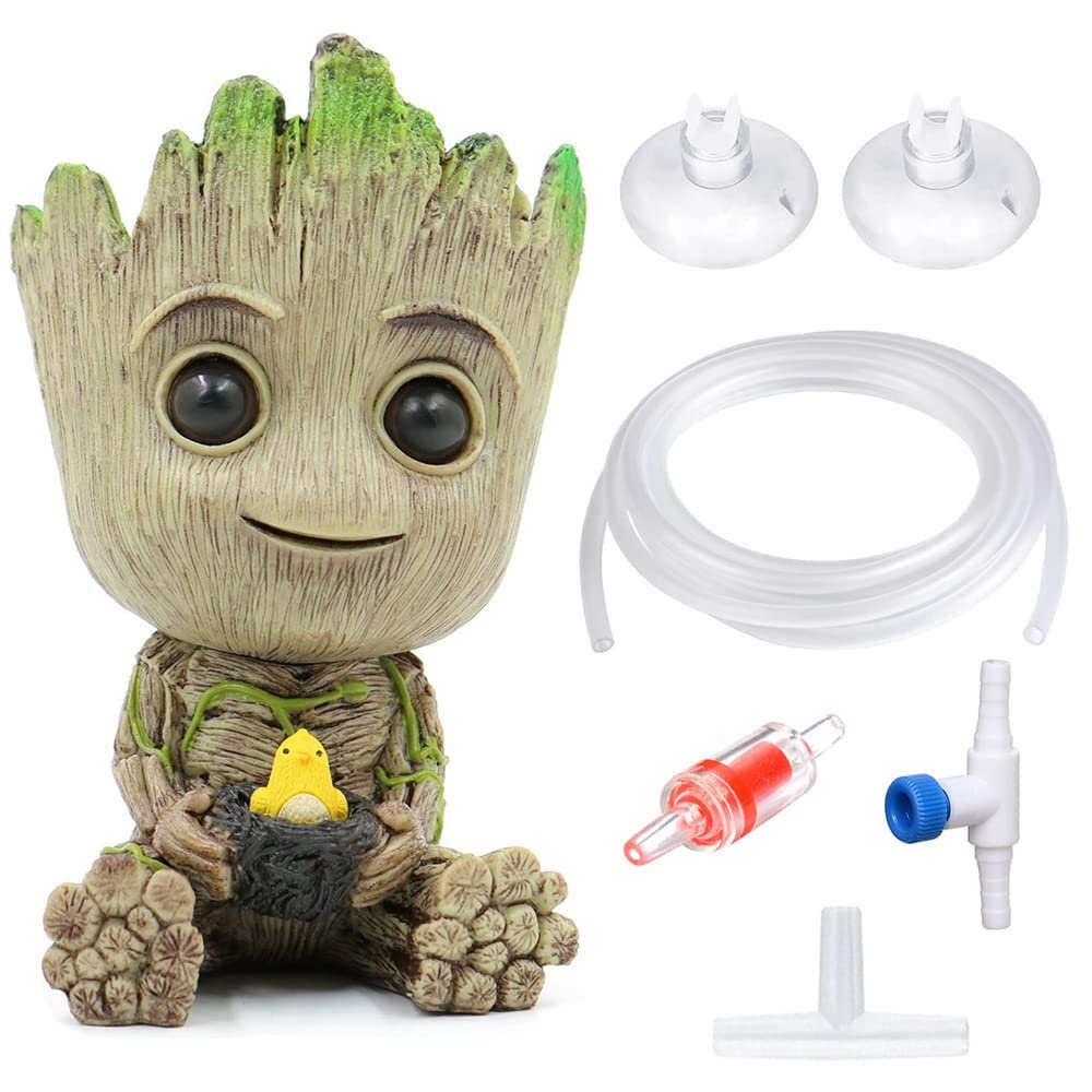 YOUYOUOK Aquarium Groot Air Bubbler Decorations - Resin Oxygen Pump with Bubble Stone for Fish Tank, Creative Underwater Decor for Home & Office Aquariums - Perfect for Betta Fish, Goldfish & Tropical Fish Tanks