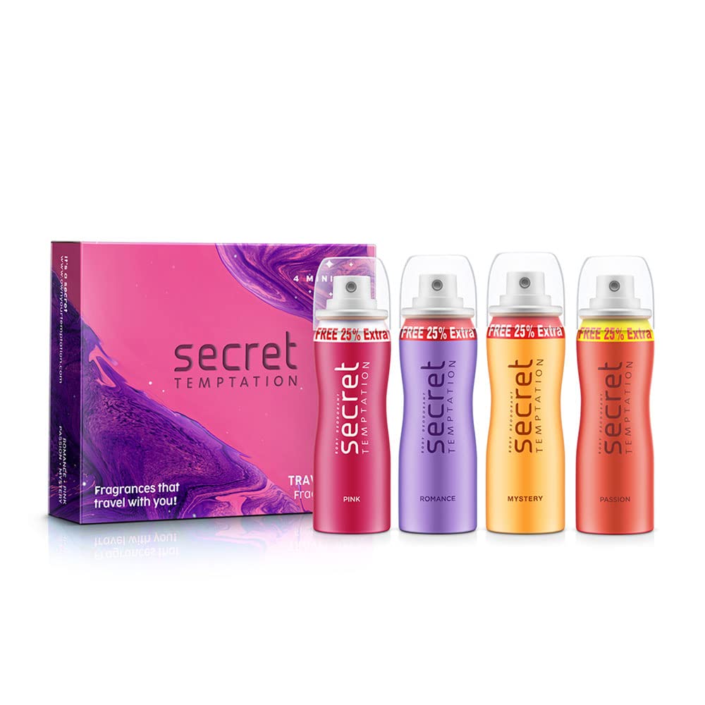 Secret Temptation Women's Travel Deodorant Set - 4 Pack (50ml Each) | Pink, Romantic & Mysterious Scent | Perfect for Gym, Travel & Everyday Freshness