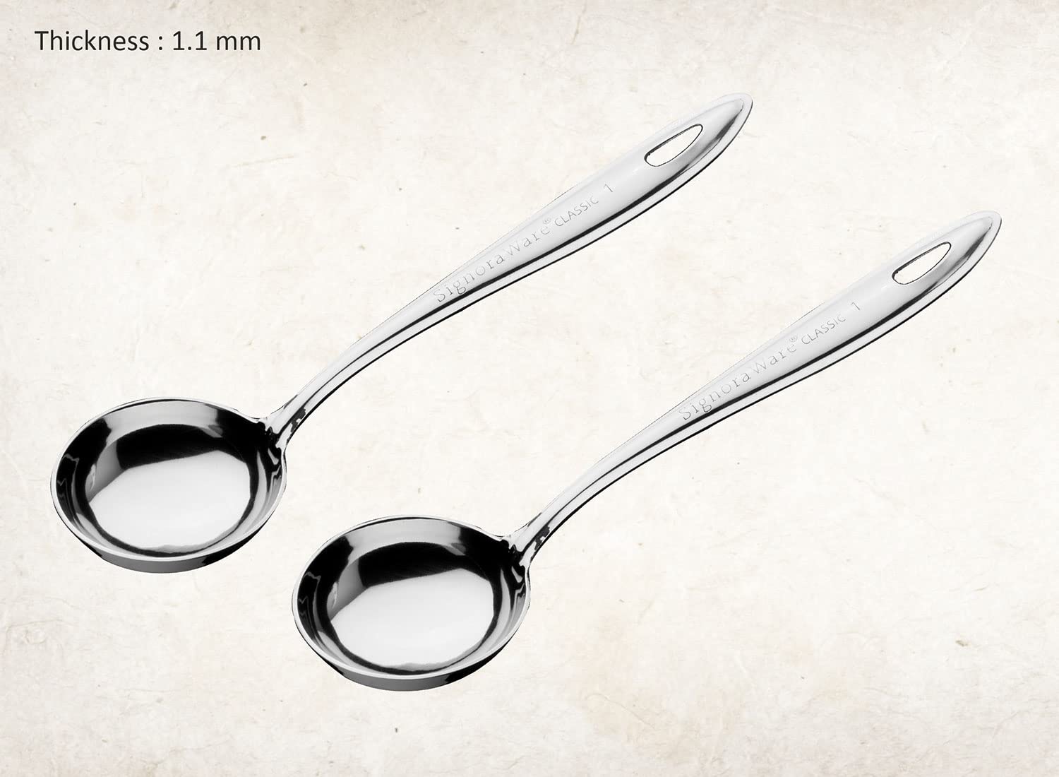 SignoraWare Premium Stainless Steel Food Grade Soup Ladle Set of 2 - 1.1mm Heavy Duty Kitchen Ladle for Cooking, Serving Gravy, Dal, Curry - 21.7cm (Perfect for Restaurants, Catering & Home Kitchens)