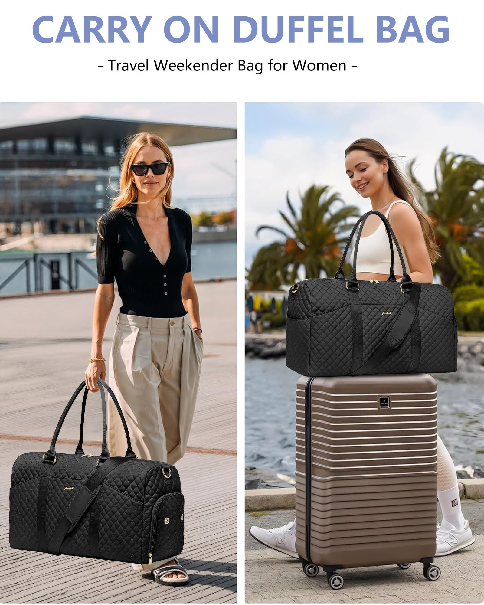 **Women's Large Weekender Travel Duffle Bag with Shoe Compartment & Wet Pocket - Carry-On Overnight Gym Yoga Hospital Bag for Women, Includes Toiletry Bag - Perfect for Travel, Workouts & Weekend Getaways (Black)**