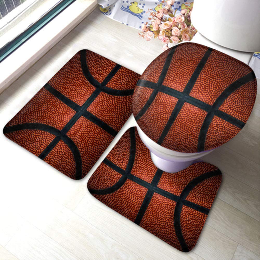 Premium 3-Piece Basketball Bathroom Rug Set - Non-Slip Leather Texture Floor Mats with U-Shaped Contour & Toilet Lid Cover - Red & Black Sports Theme - Perfect for NBA Fans, Game Rooms & Basketball-Themed Bathrooms