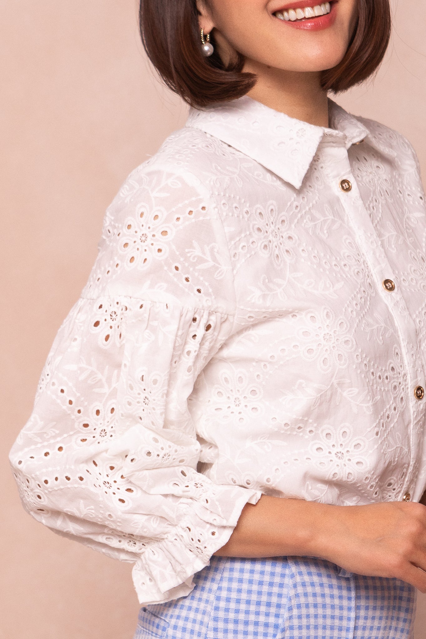 White Eyelet Lane Blouse for Women - Elegant Lace Top for Summer, Office & Casual Wear | Final Sale