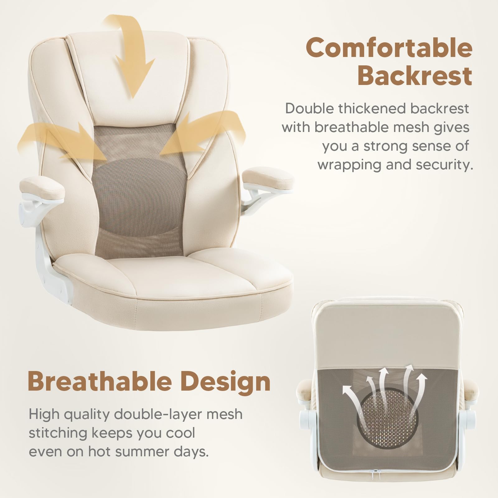 SEATZONE Beige Ergonomic Office Chair with Wheels - Mesh Back & Velvet Fabric Desk Chair for Teens & Adults - Perfect for Home Office, Study & Gaming