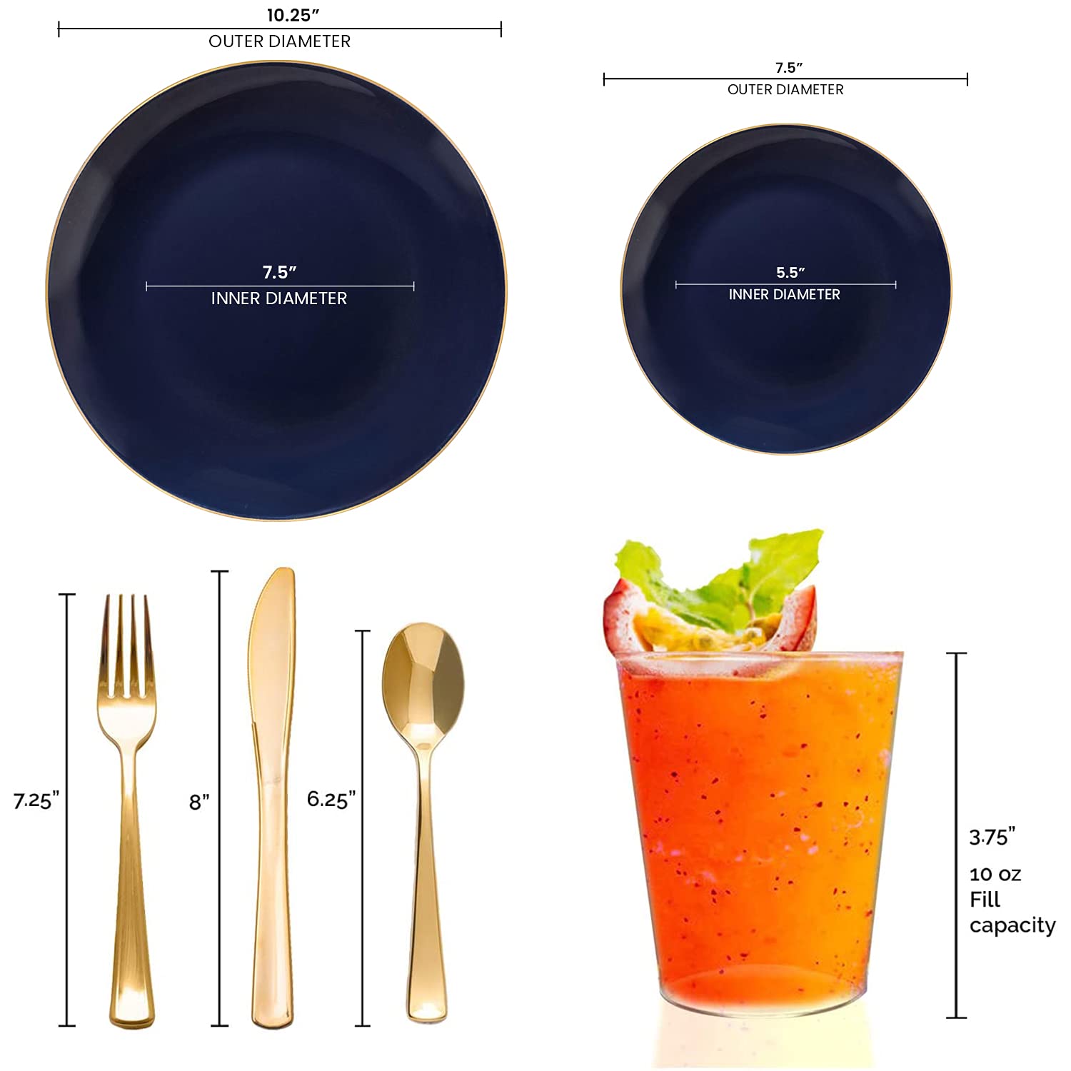 Eco-Friendly Disposable Plastic Plates with Elegant Rim Design - Bulk Round Dinnerware for Wedding, Birthday Party & Special Events (Navy Blue with Gold Trim, 120-Piece Wedding Set) - Perfect for Outdoor Gatherings, Catering & Hassle-Free Cleanup