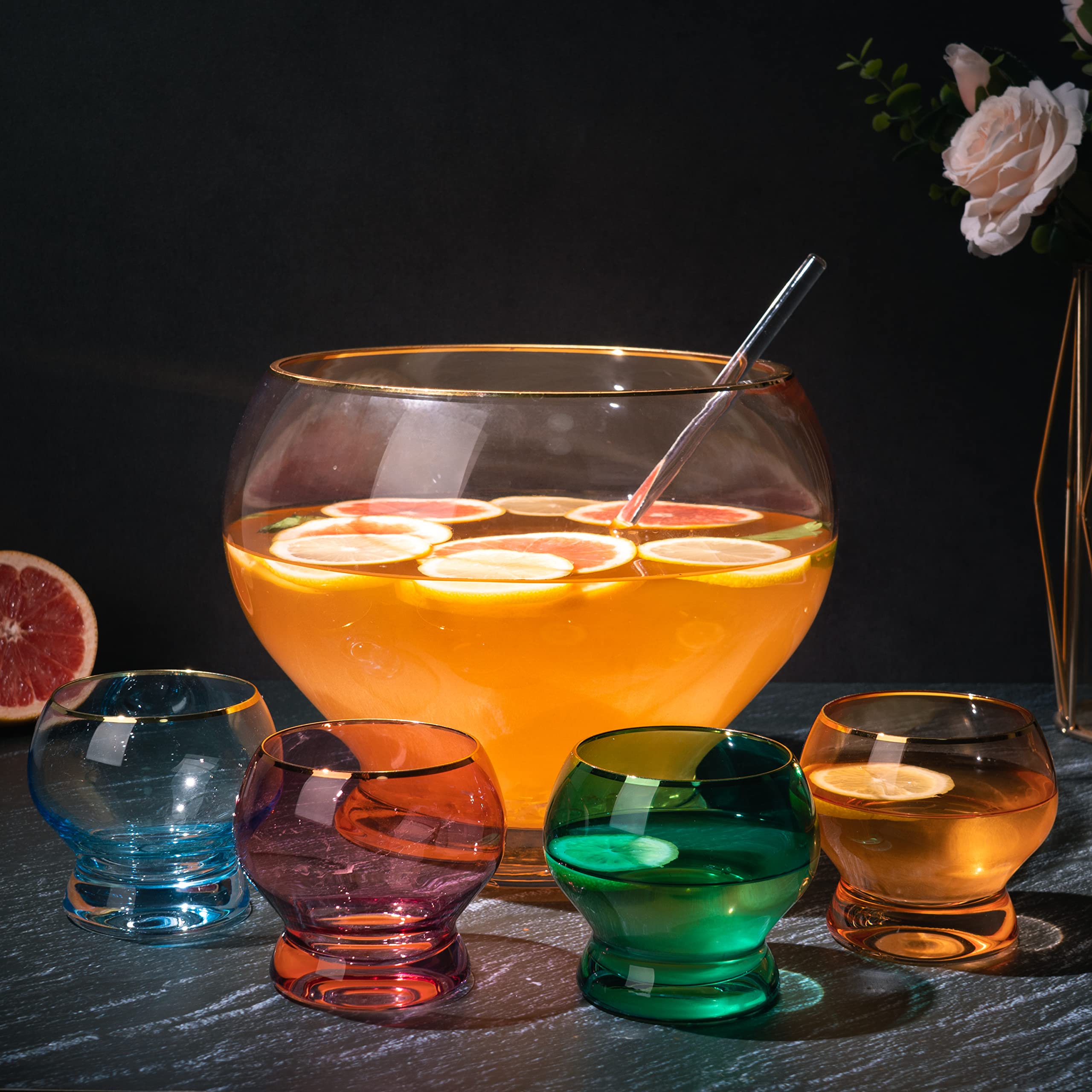 Vibrant 1.7 Gallon Punch Bowl Set with 4 10oz Glasses & Ladle - Perfect for Margaritas, Cocktails, Juice & Punch - Ideal Gift for Mother's Day, Wife, Mom & Friends - Great for Parties, Weddings & Holiday Gatherings