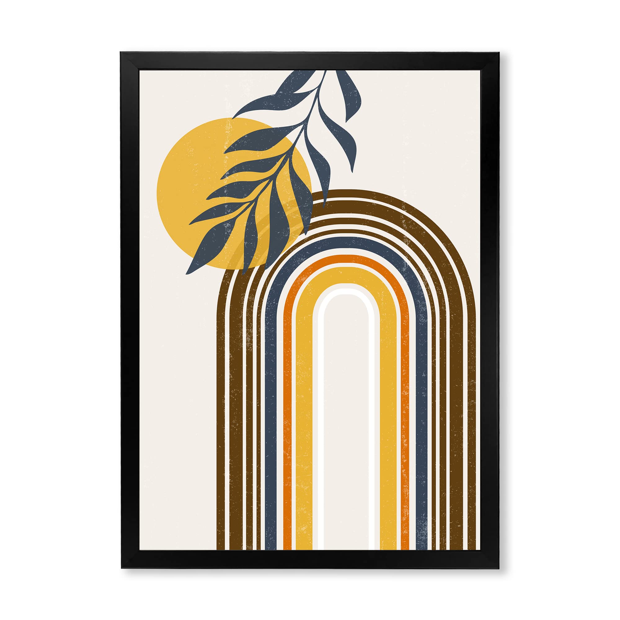 Abstract Sun Moon Leaves II Modern Framed Wall Art - Nature Inspired Home Decor for Living Room, Bedroom & Office