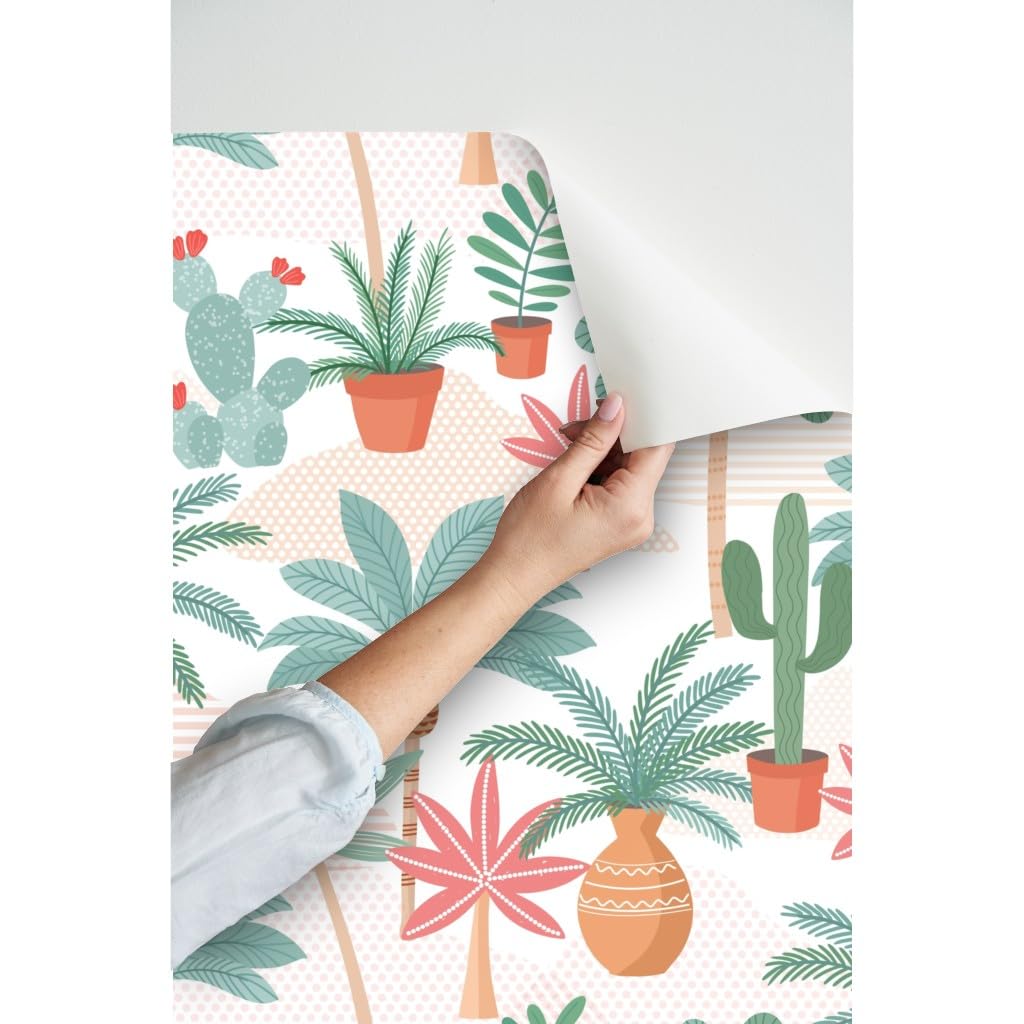 Peel & Stick Wallpaper 12ft x 2ft - Mid Century Tropical Palm Leaf Design, Removable Self-Adhesive Wallpaper for Bedroom, Living Room & Nursery Decor - California Summer Botanical Theme by Spoonflower
