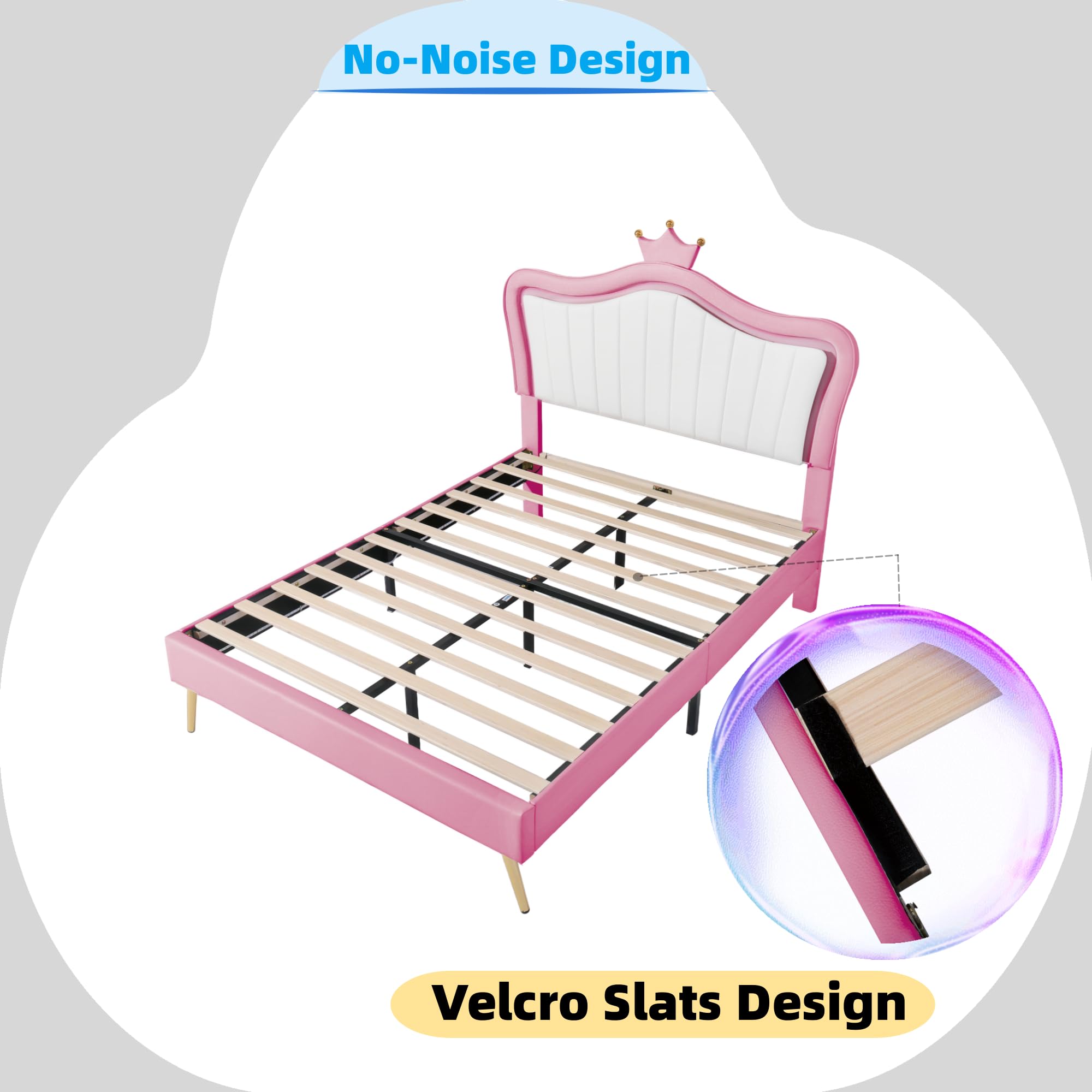Linique Full Size Upholstered Bed Frame with LED Lights - Modern Princess Bed with Crown Headboard in White & Pink | Perfect for Girls' Bedroom, Teen Room & Luxury Bedroom Decor