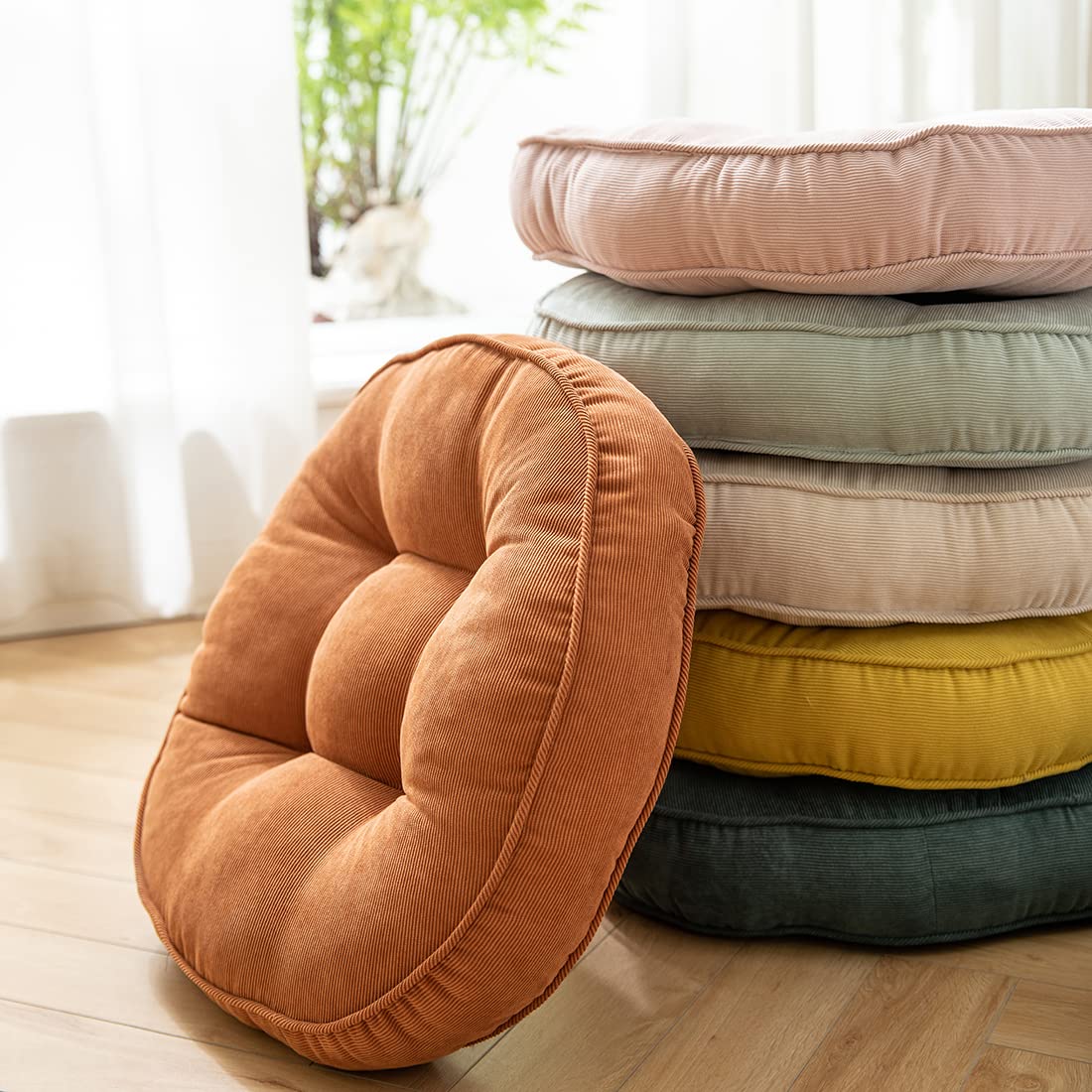 VCTOPS Thick Tufted Corduroy Round Chair Pad - Large 22x22 Inch Meditation Pillow & Floor Cushion for Yoga, Office, Living Room, Balcony - Solid Orange Pouf for Tatami, Seating & Relaxation