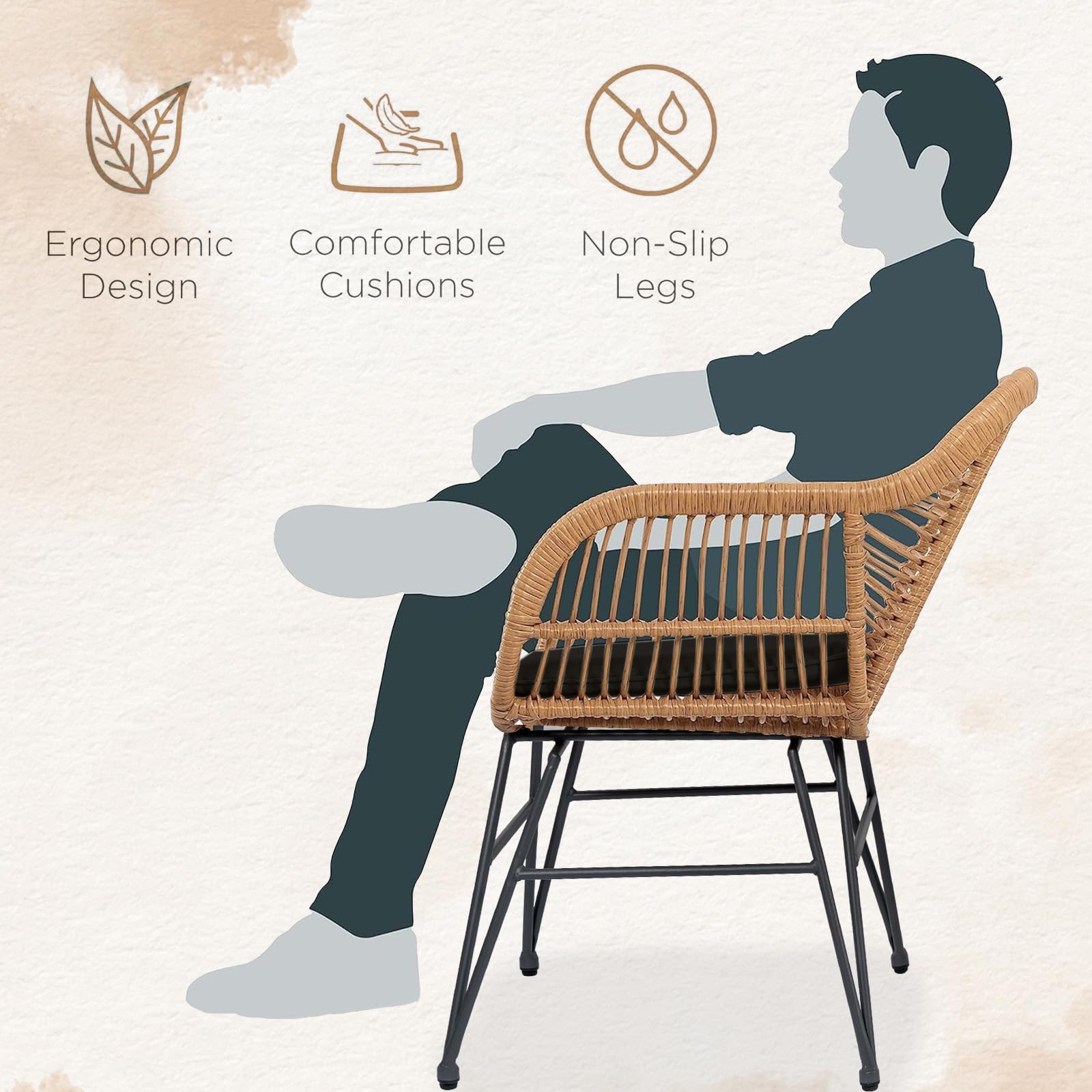 3-Piece Outdoor Wicker Bistro Set - Patio Chairs & Table with Cushions - Rattan Conversation Furniture for Poolside, Garden, Backyard, Porch - Perfect for Outdoor Dining & Relaxing